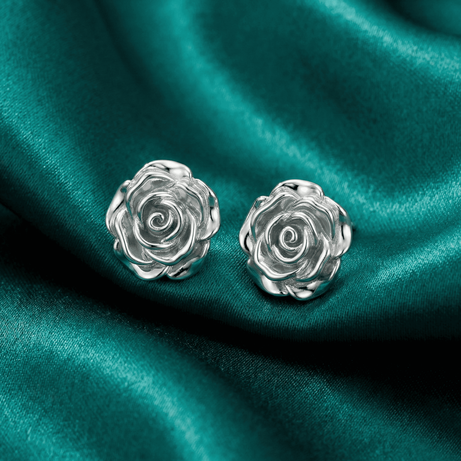 3D Silver-Tone Rose Stud Earrings for Women