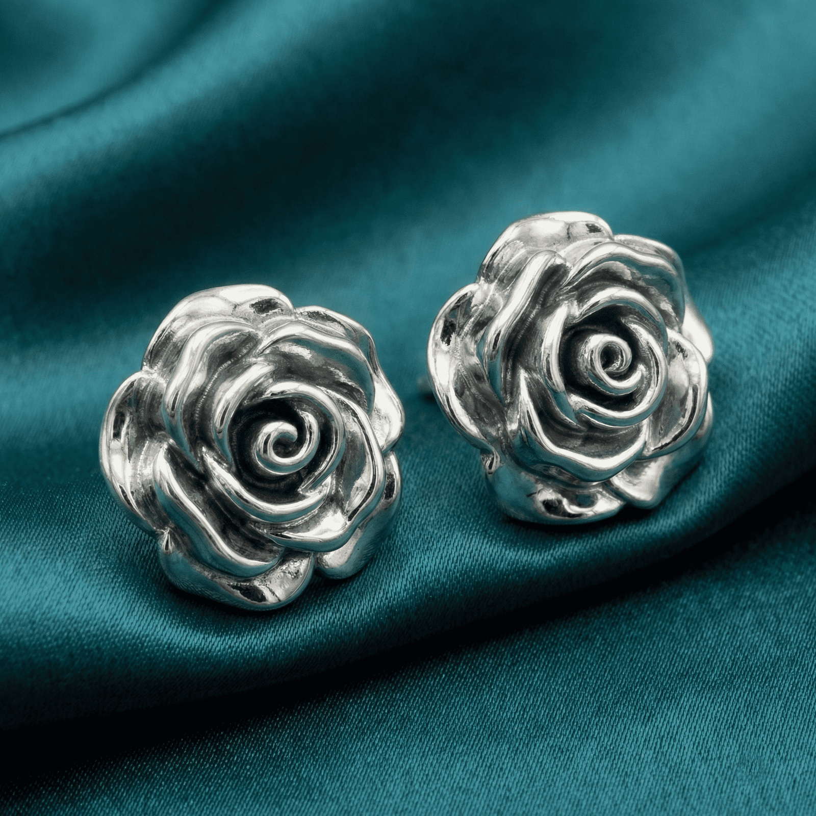 3D Silver-Tone Rose Stud Earrings for Women