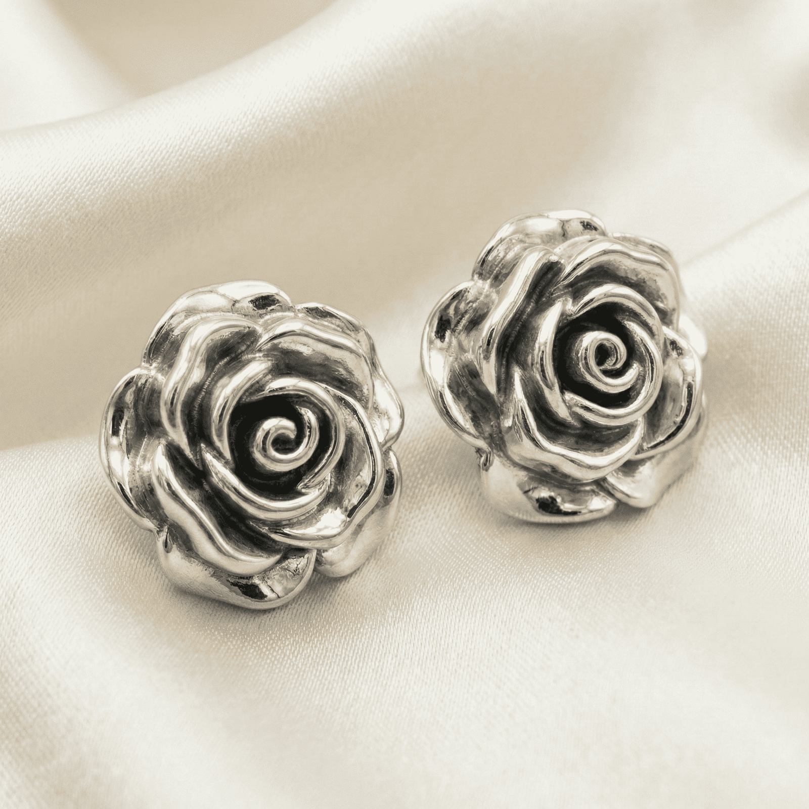 3D Silver-Tone Rose Stud Earrings for Women