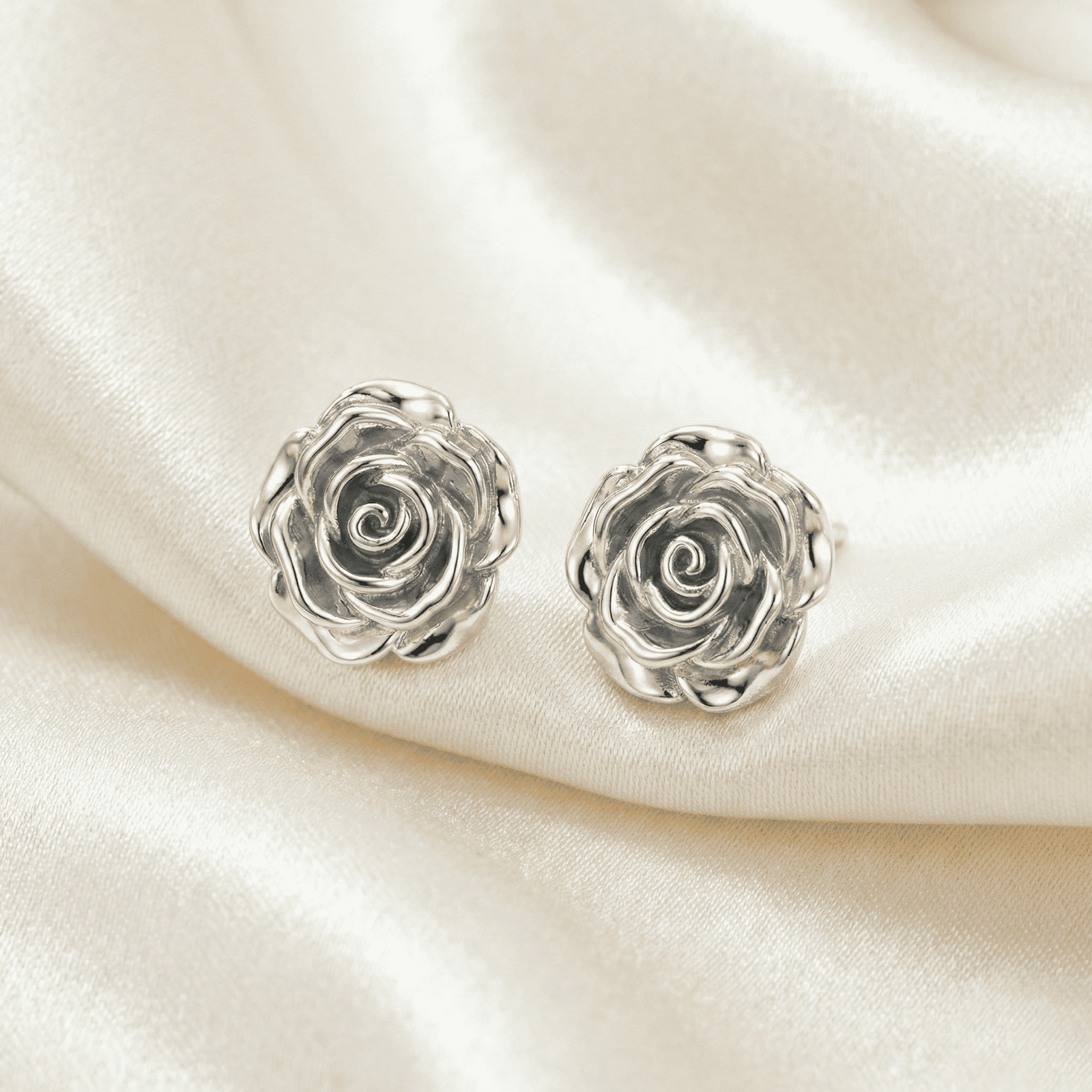 3D Silver-Tone Rose Stud Earrings for Women