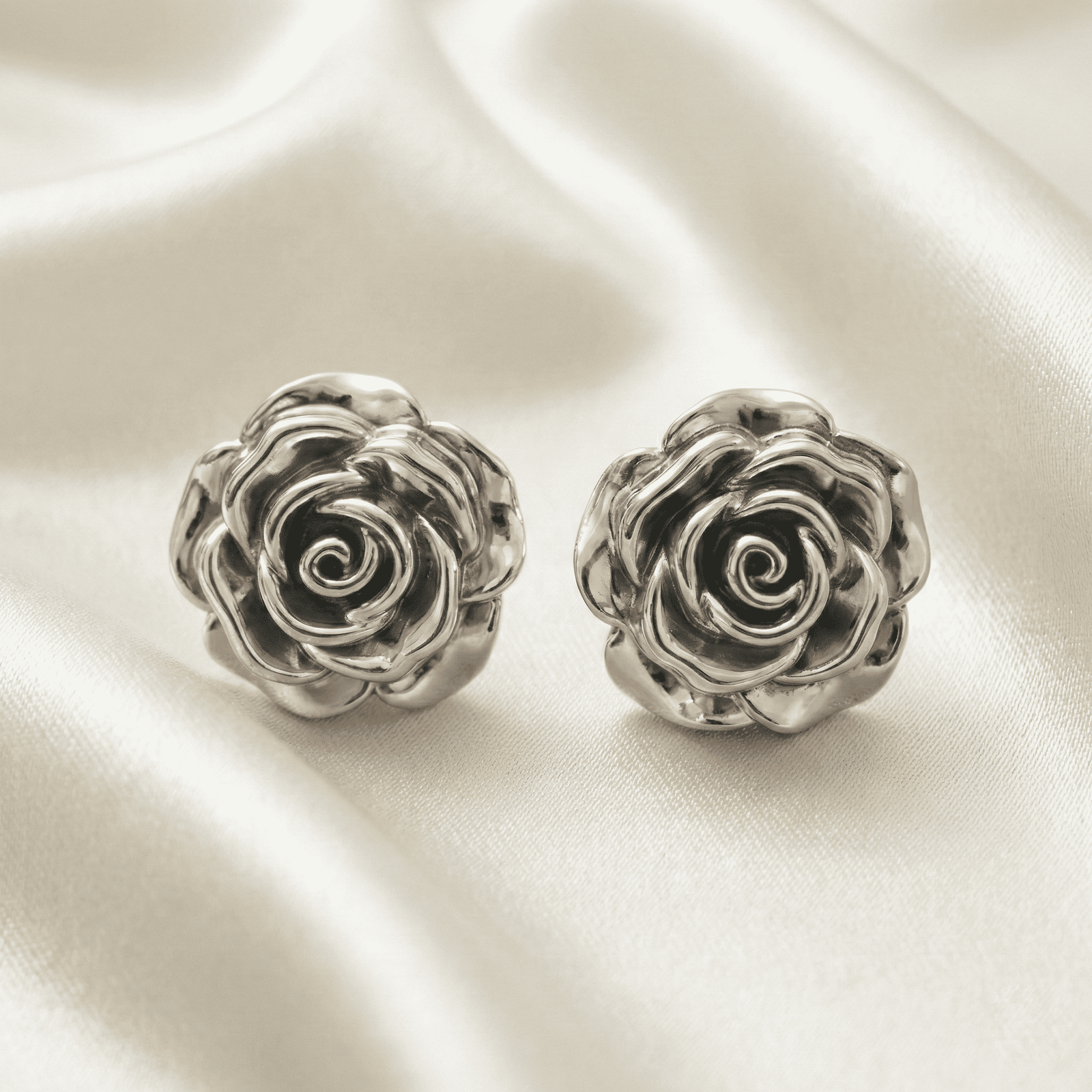 3D Silver-Tone Rose Stud Earrings for Women