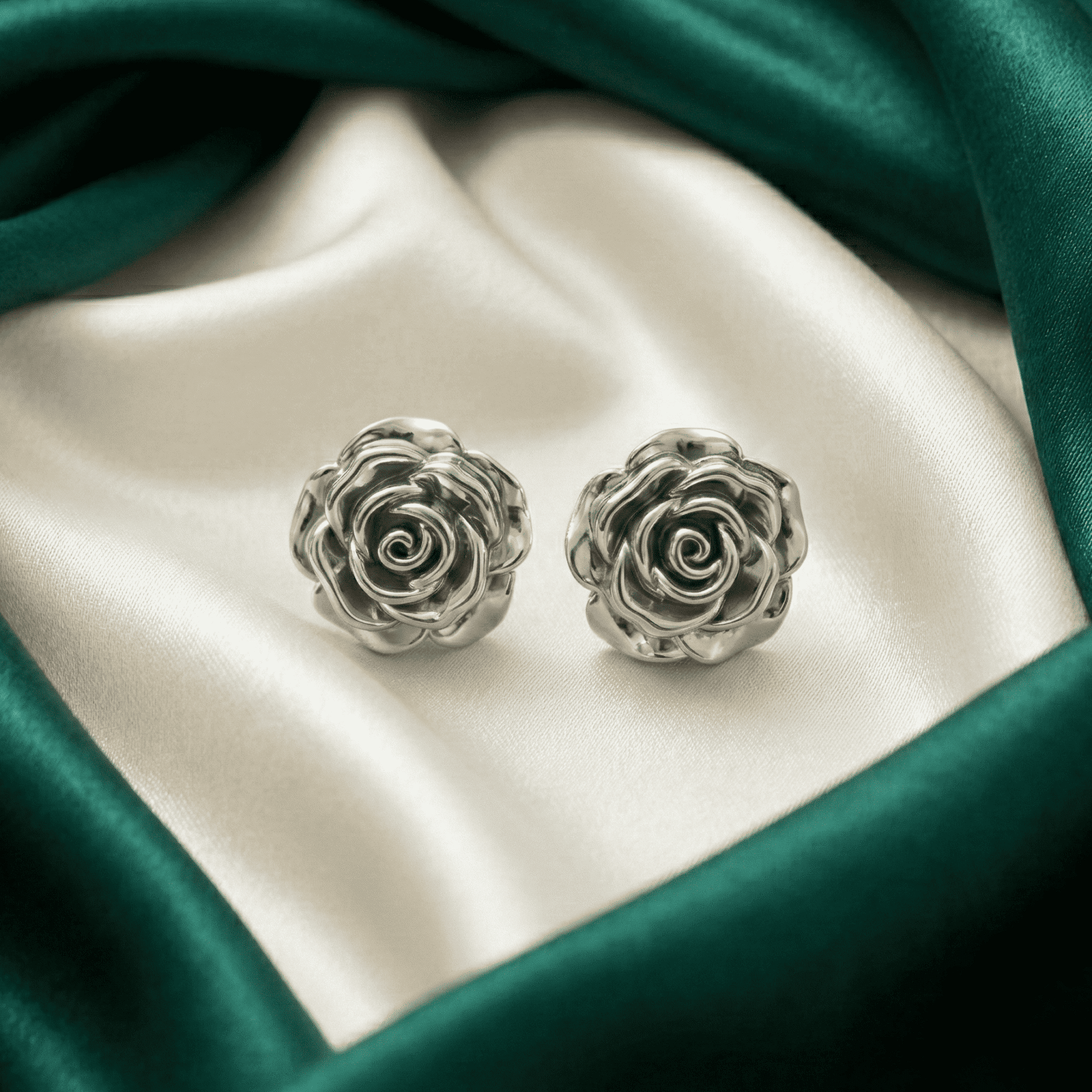 3D Silver-Tone Rose Stud Earrings for Women