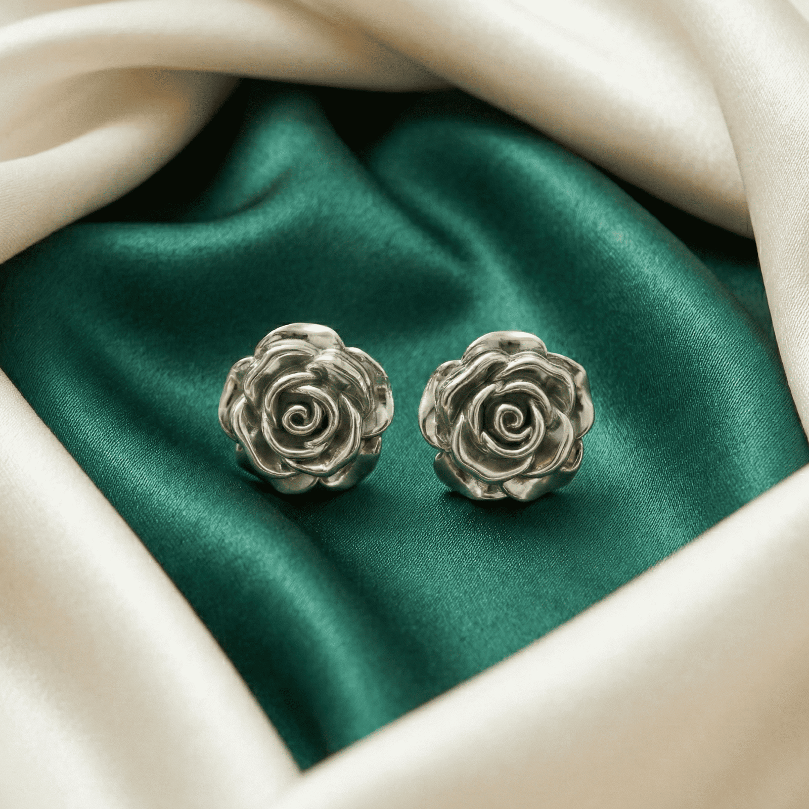 3D Silver-Tone Rose Stud Earrings for Women