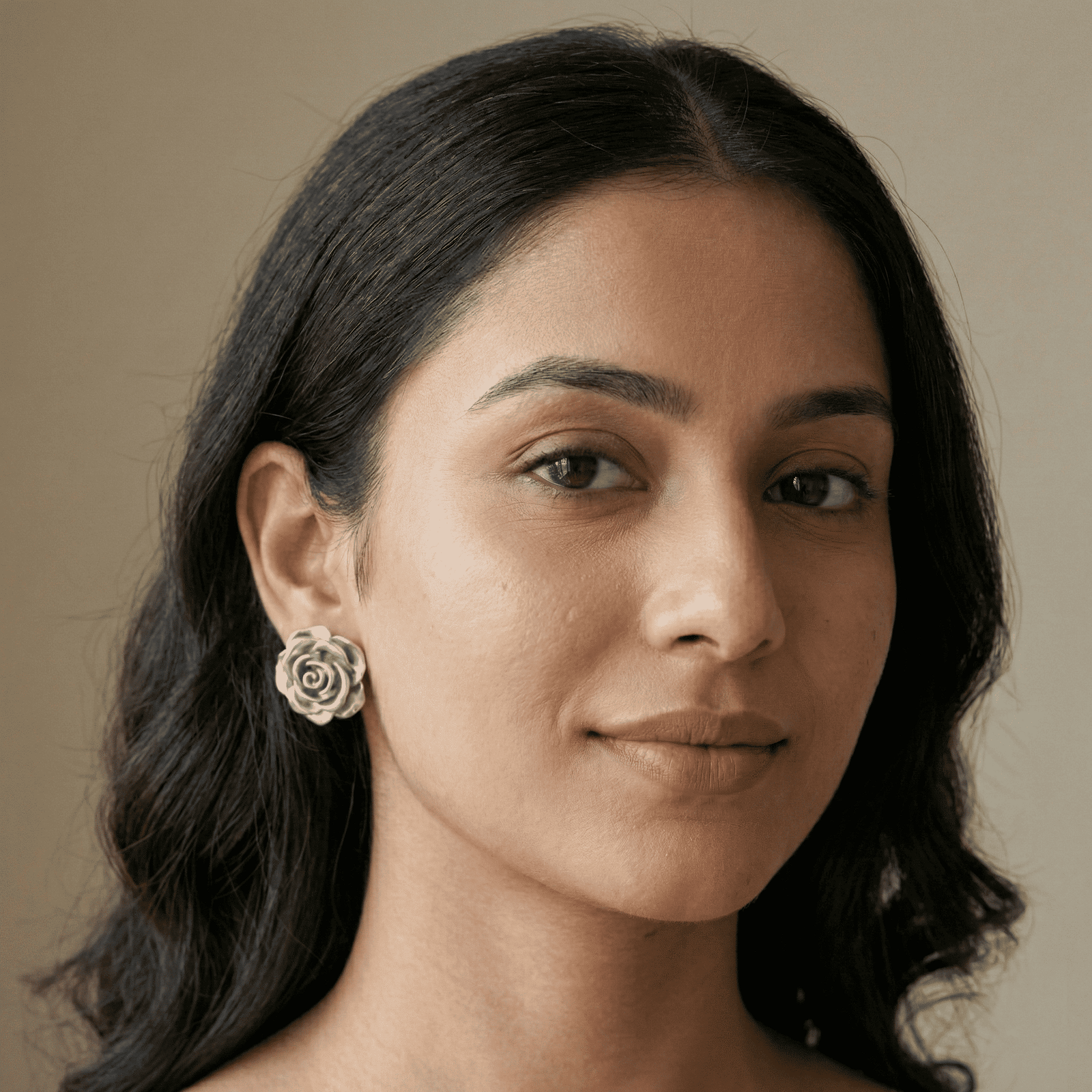 3D Silver-Tone Rose Stud Earrings for Women