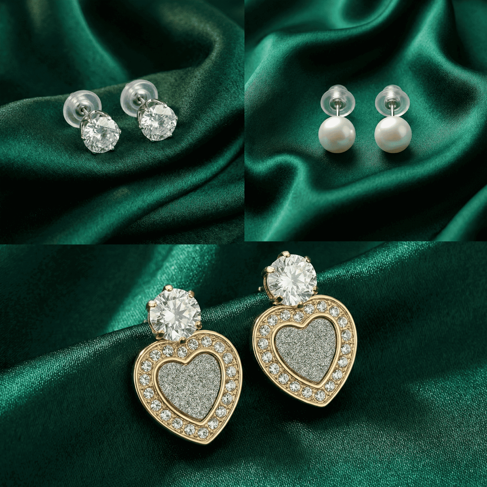 Heart, Pearl & Crystal Stud Earrings Combo for Women (3 Pairs)