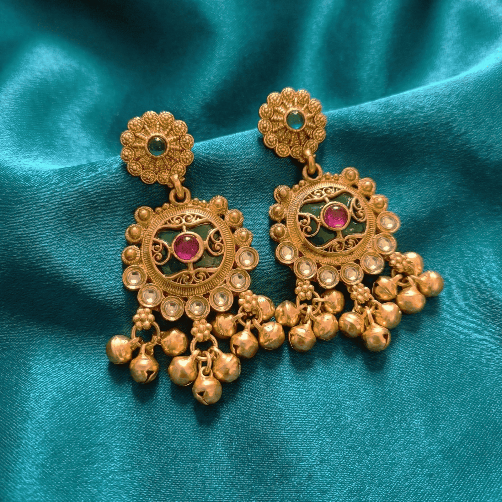Antique Gold Tone Statement Earrings with Ghungroo