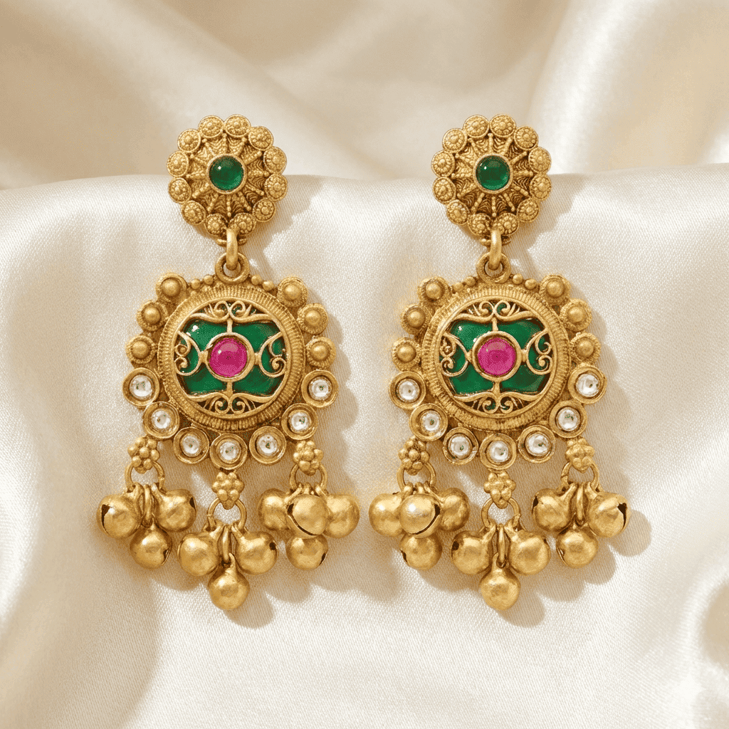 Antique Gold Tone Statement Earrings with Ghungroo