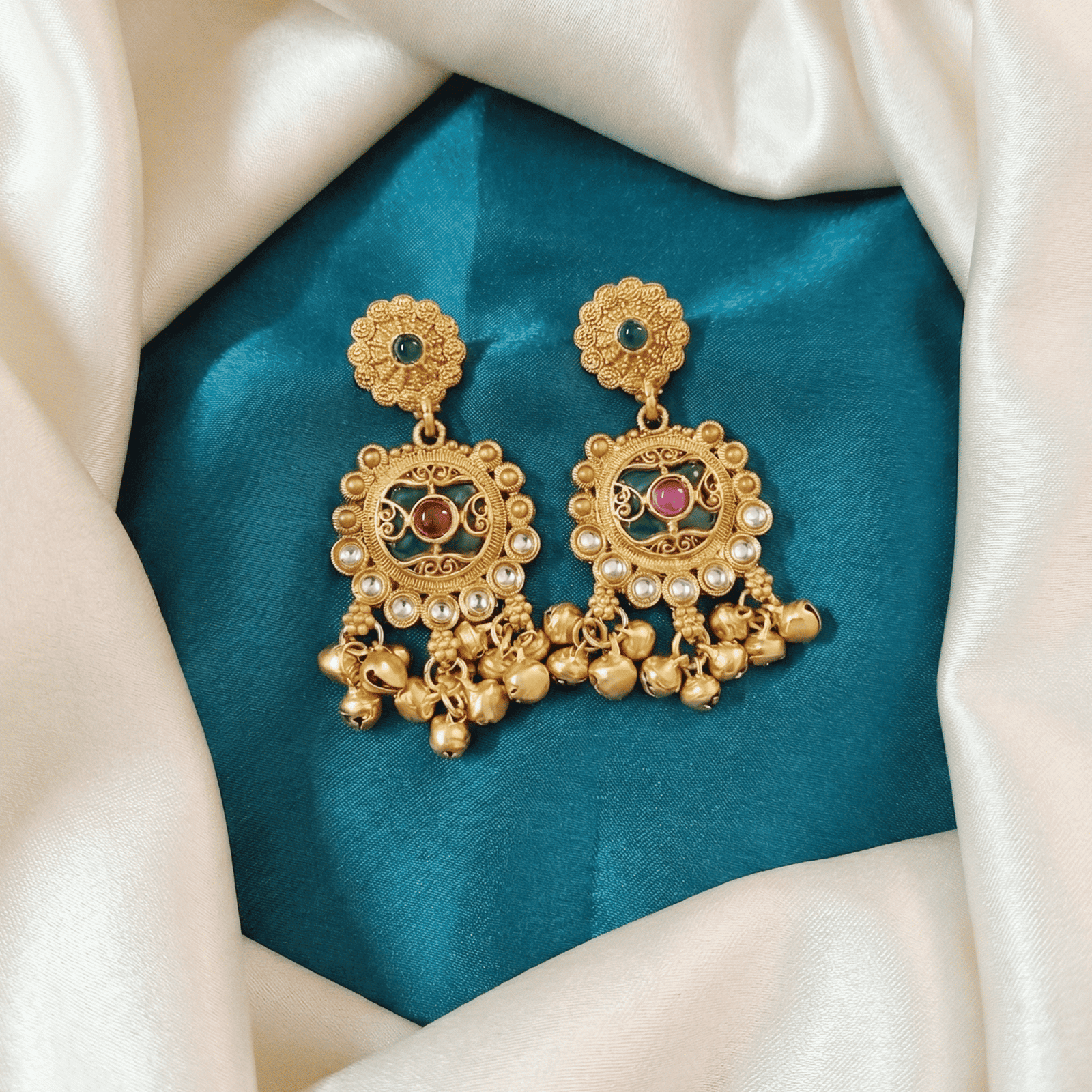 Antique Gold Tone Statement Earrings with Ghungroo
