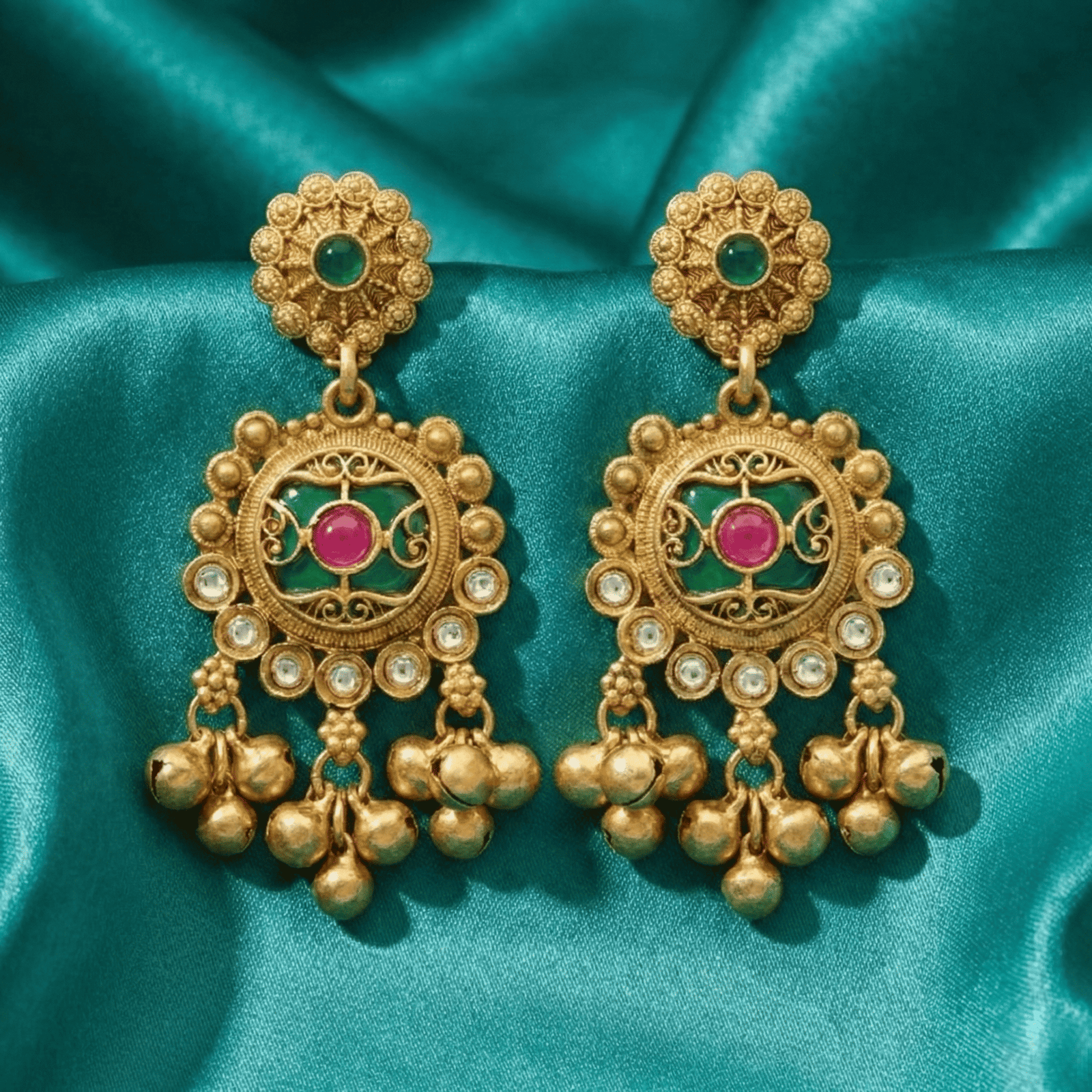 Antique Gold Tone Statement Earrings with Ghungroo