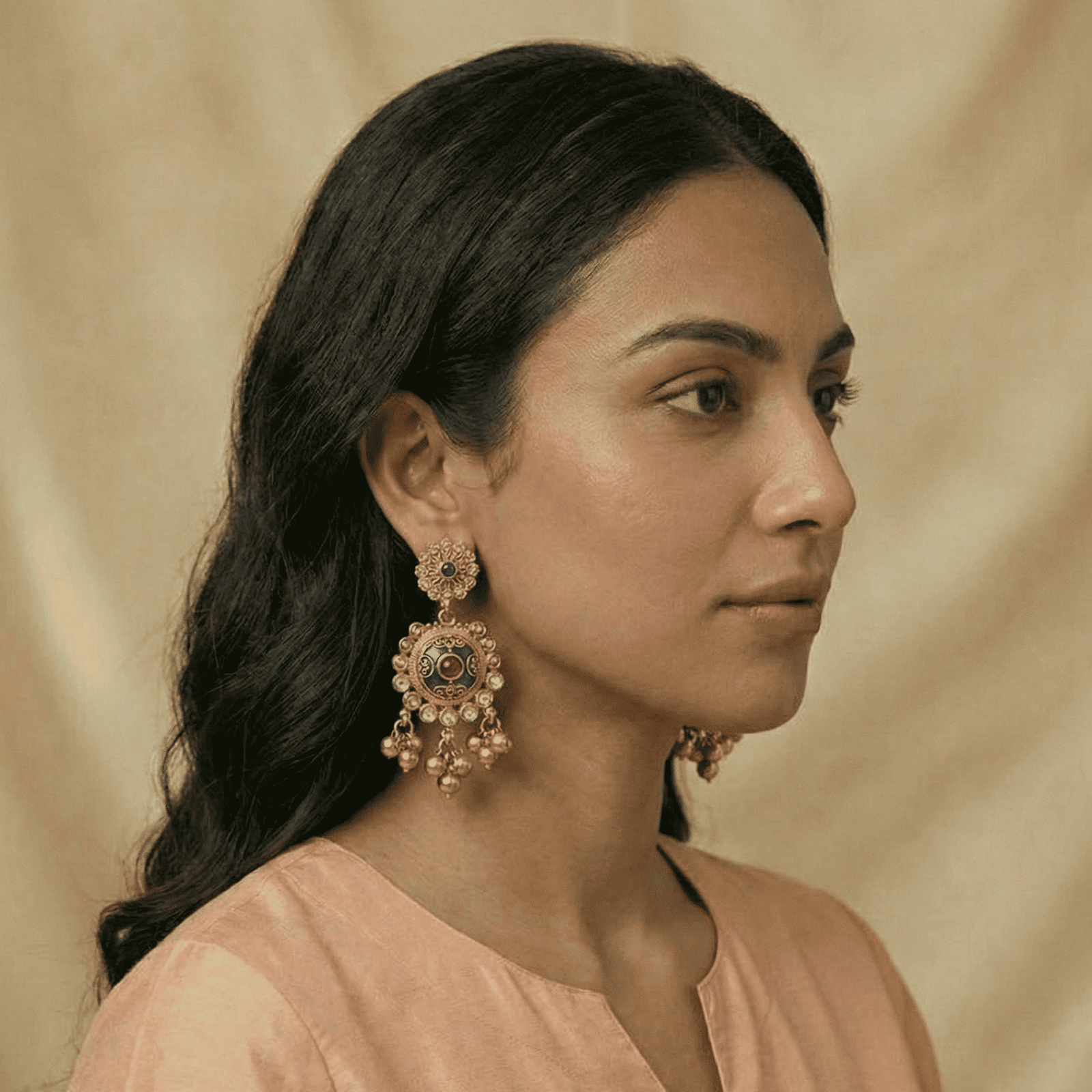 Antique Gold Tone Statement Earrings with Ghungroo