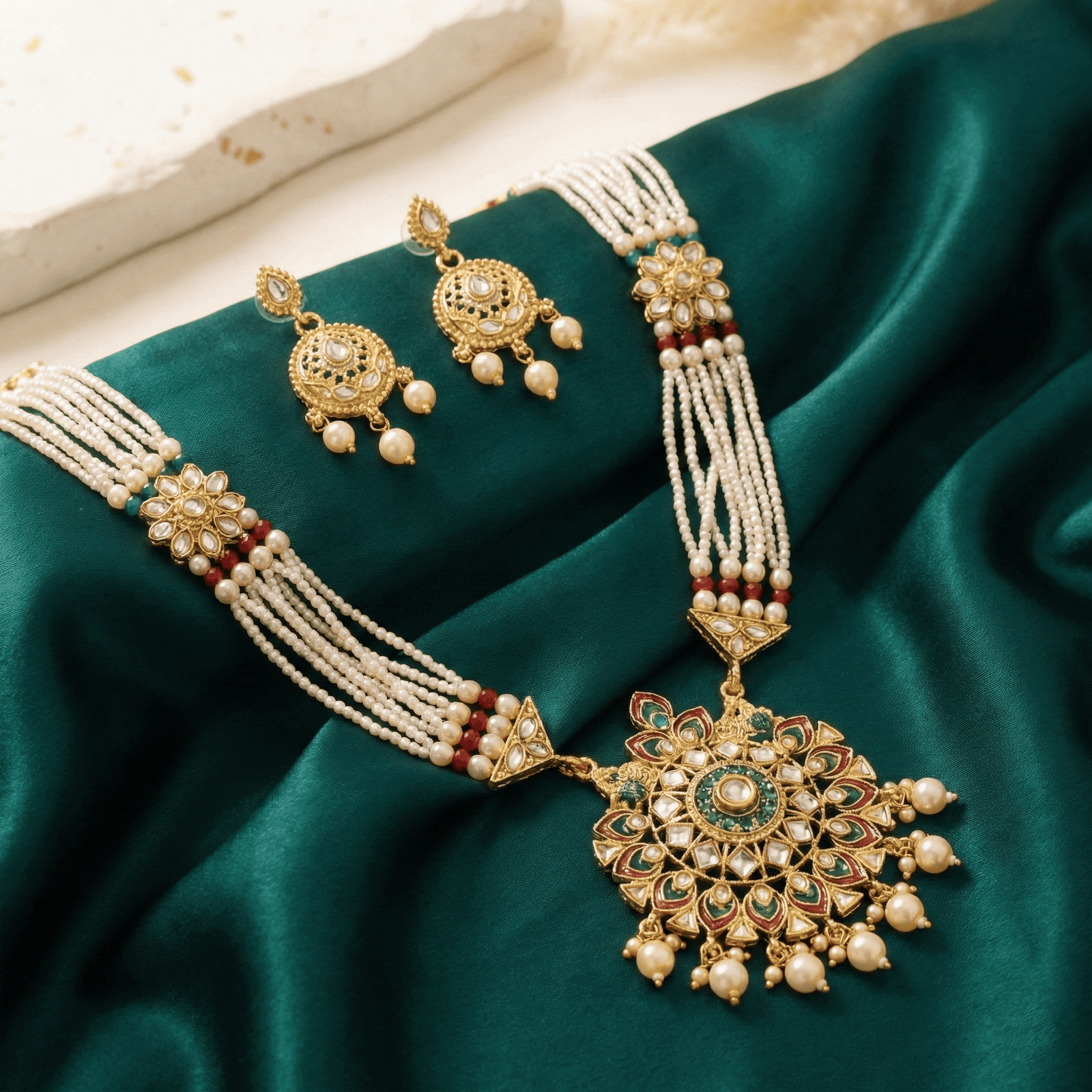 Eshanarya Meenakari Pearl Pendant Necklace Set for Women