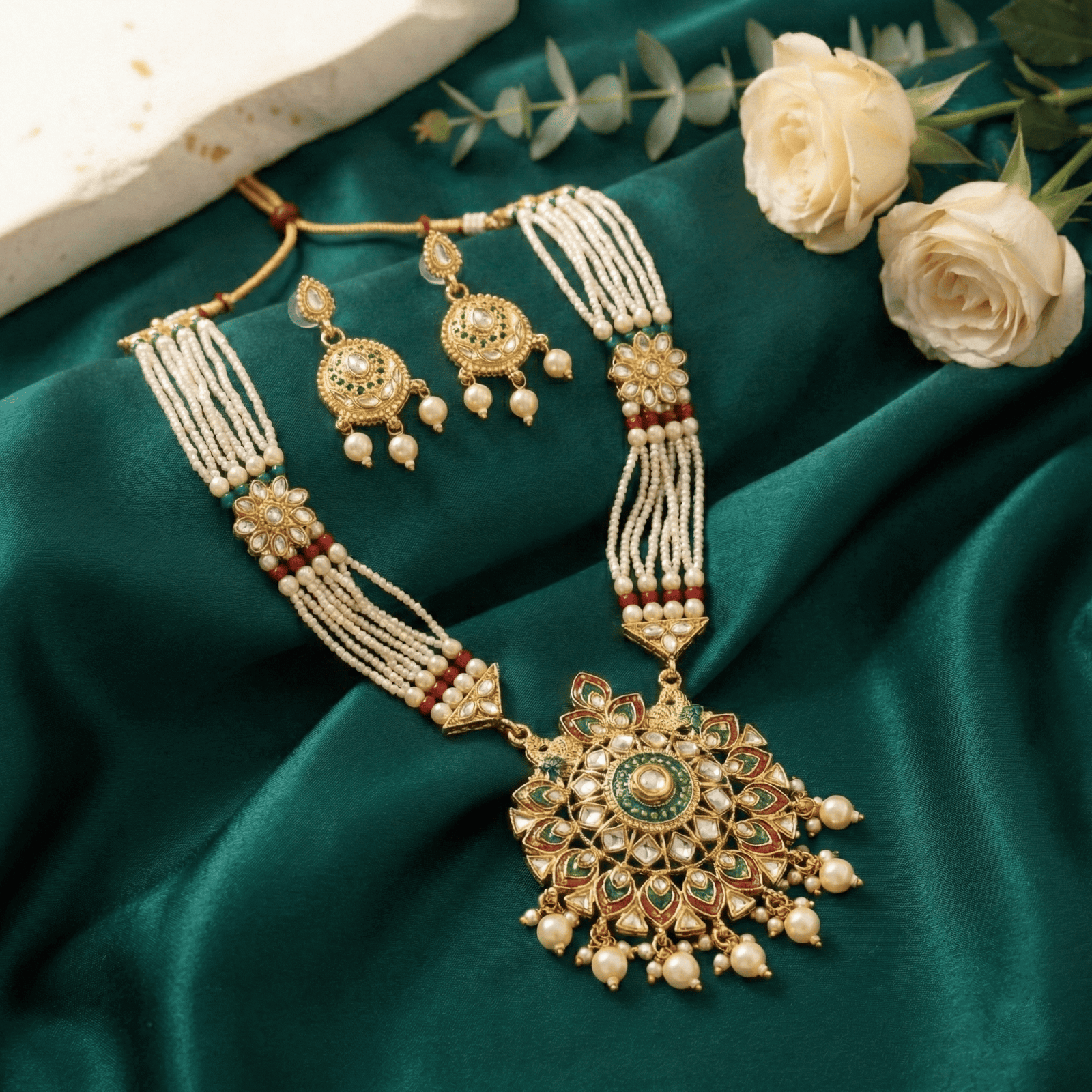 Eshanarya Meenakari Pearl Pendant Necklace Set for Women