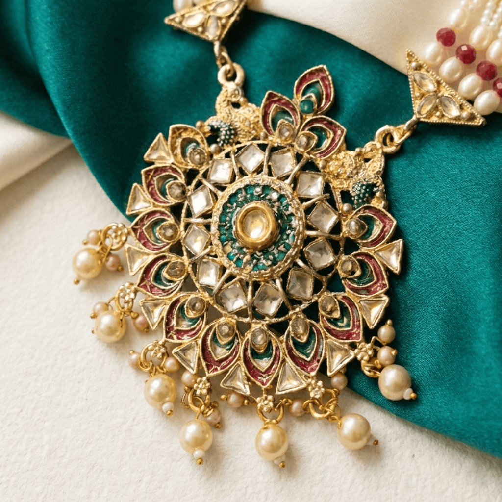 Eshanarya Meenakari Pearl Pendant Necklace Set for Women