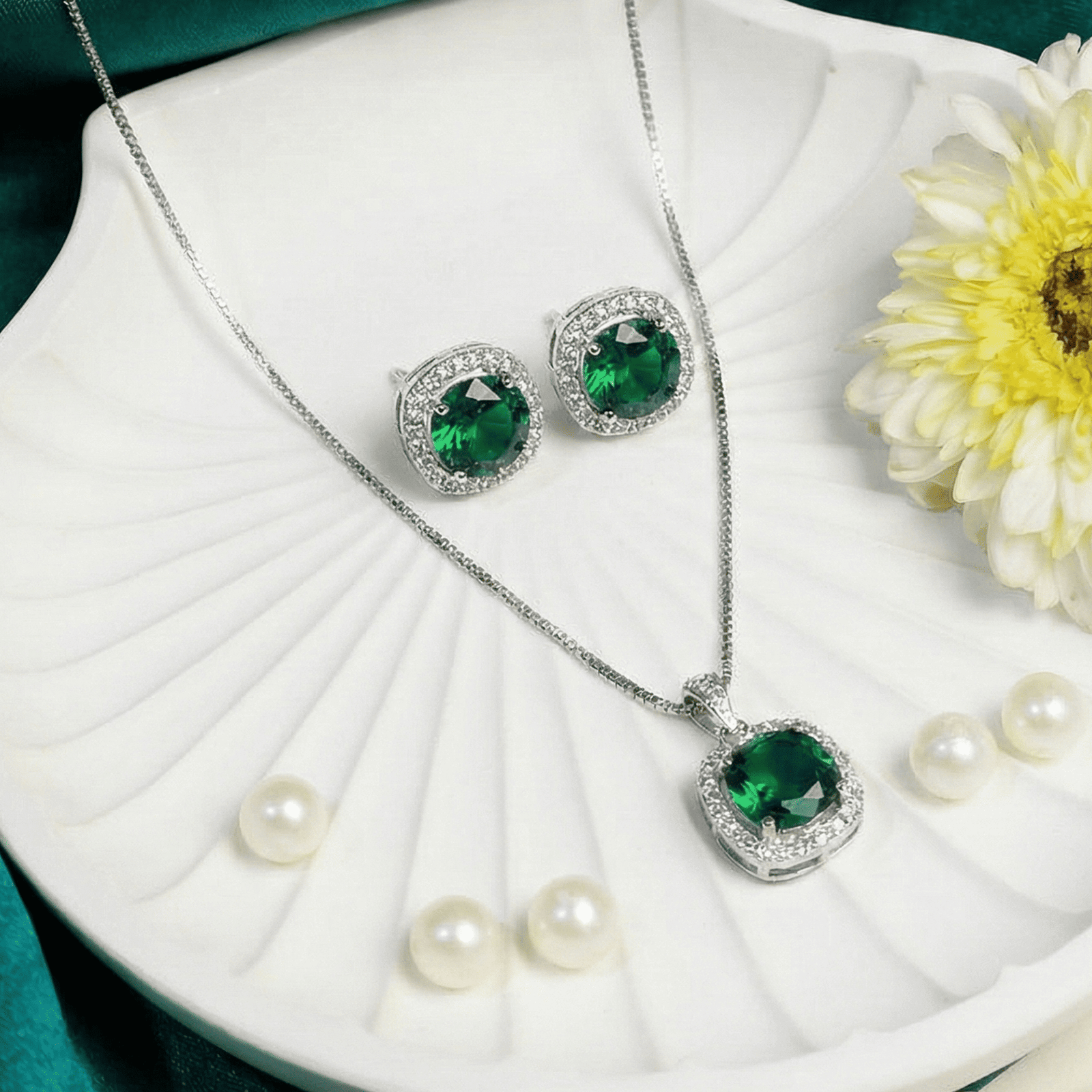 Emerald Charm AD Pendant Set with Earrings