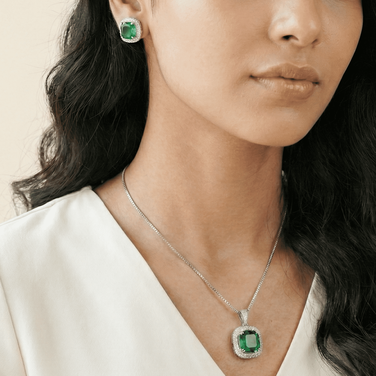 Emerald Charm AD Pendant Set with Earrings