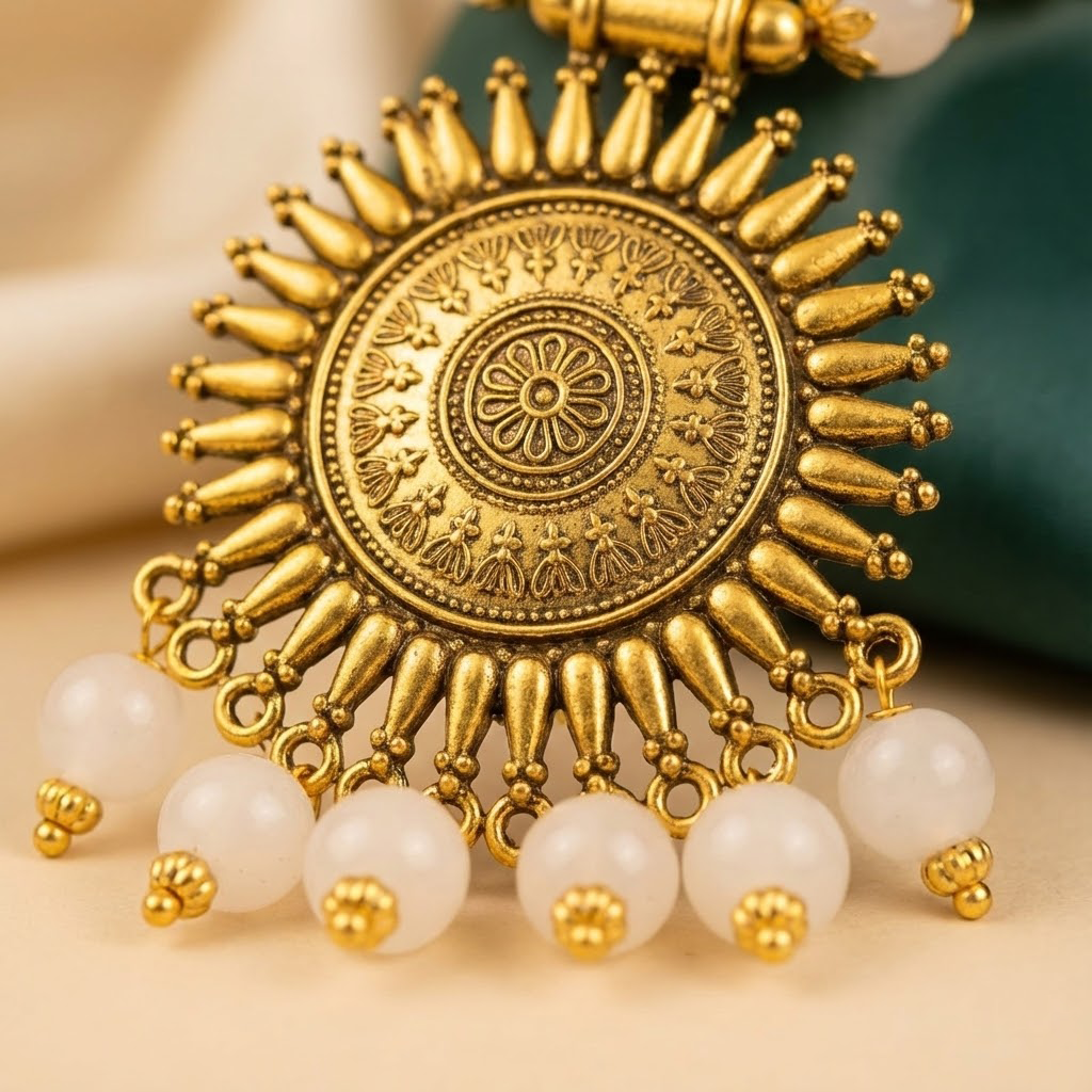 Eshanarya Traditional White Beads Antique Necklace Set