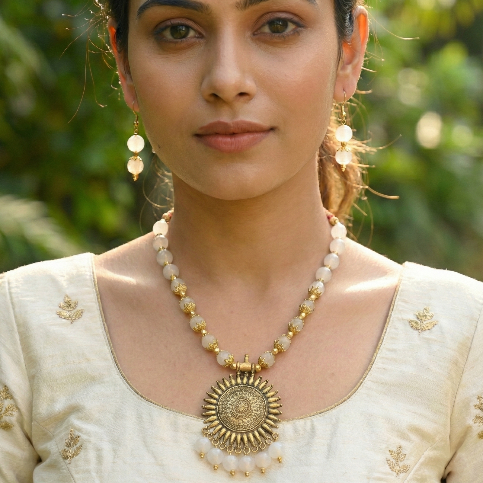 Eshanarya Traditional White Beads Antique Necklace Set