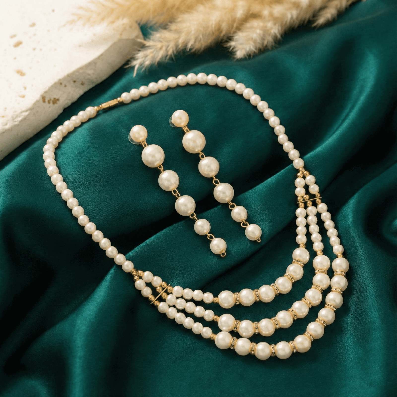 Eshanarya Classic Triple-Layer Pearl Necklace Set