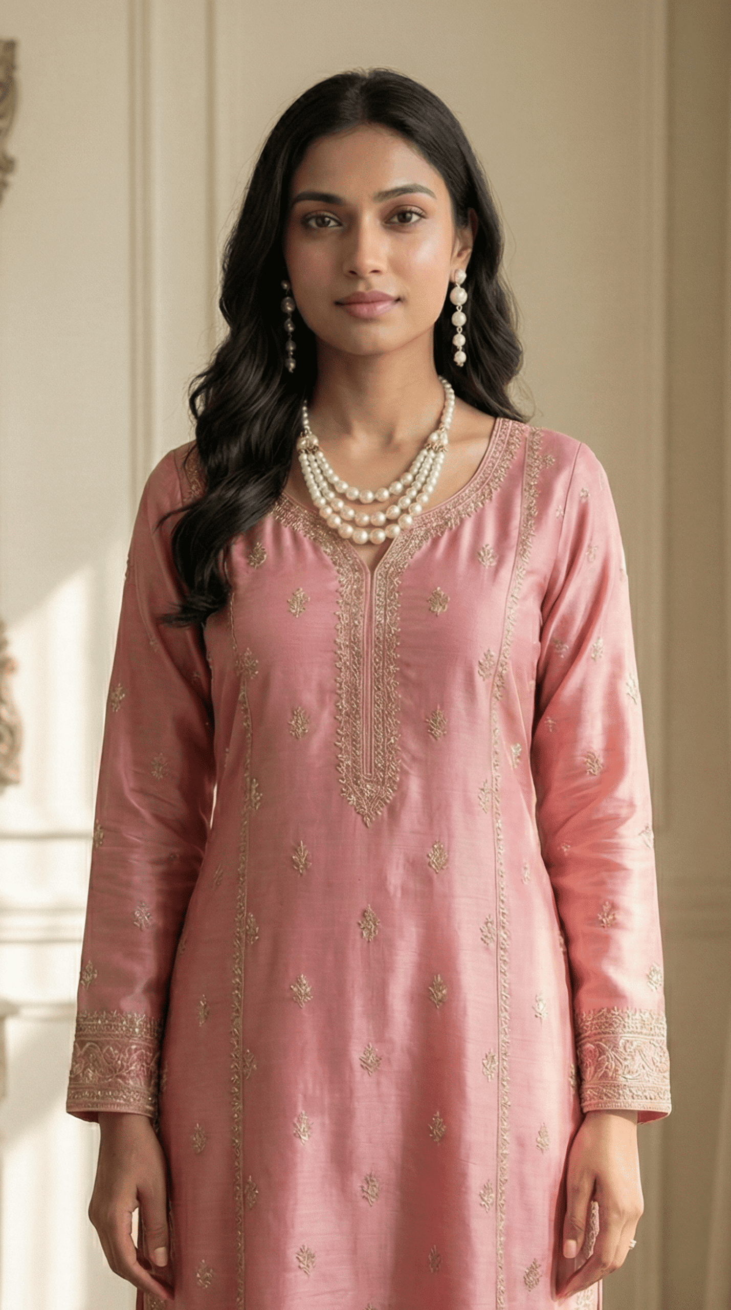 Eshanarya Classic Triple-Layer Pearl Necklace Set