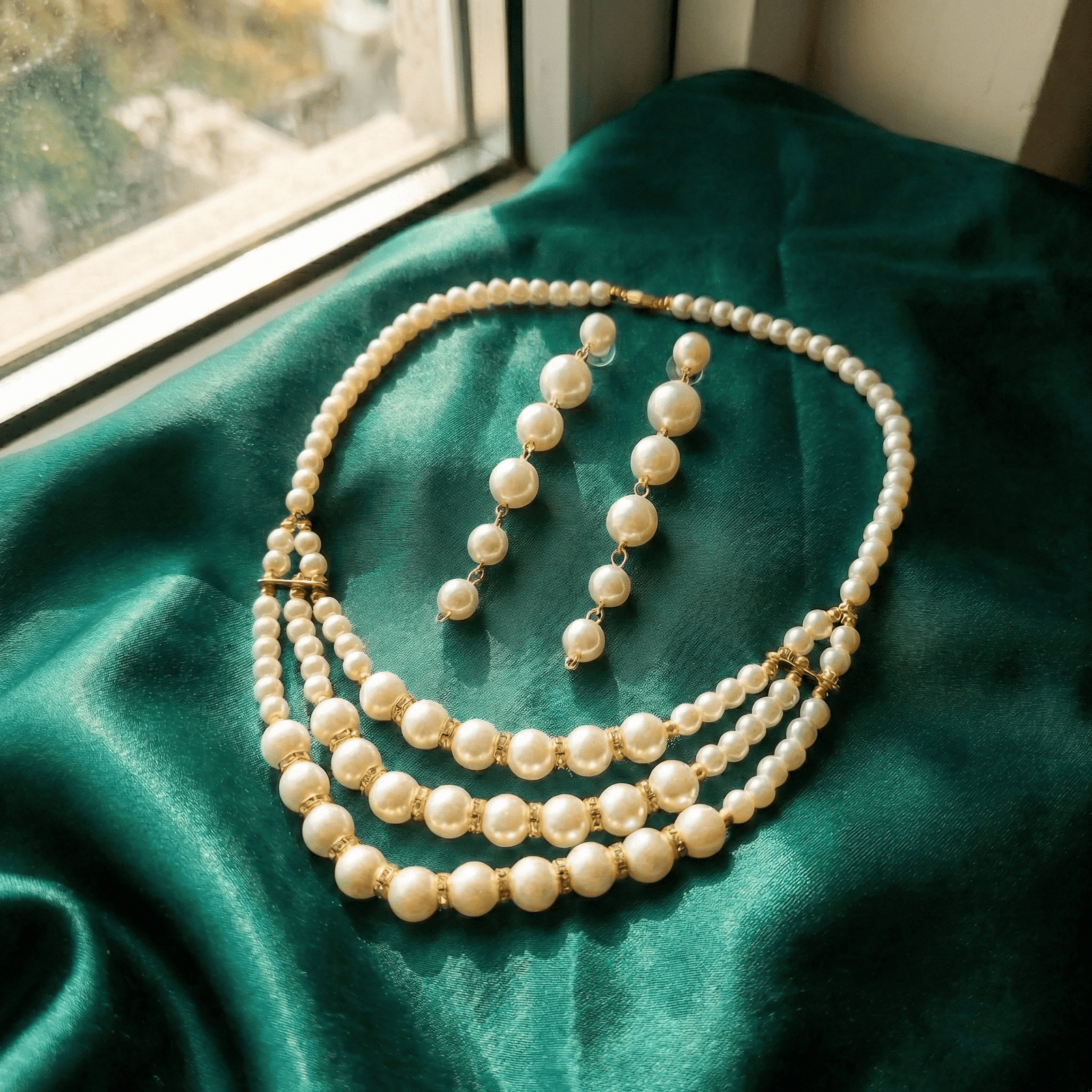 Eshanarya Classic Triple-Layer Pearl Necklace Set