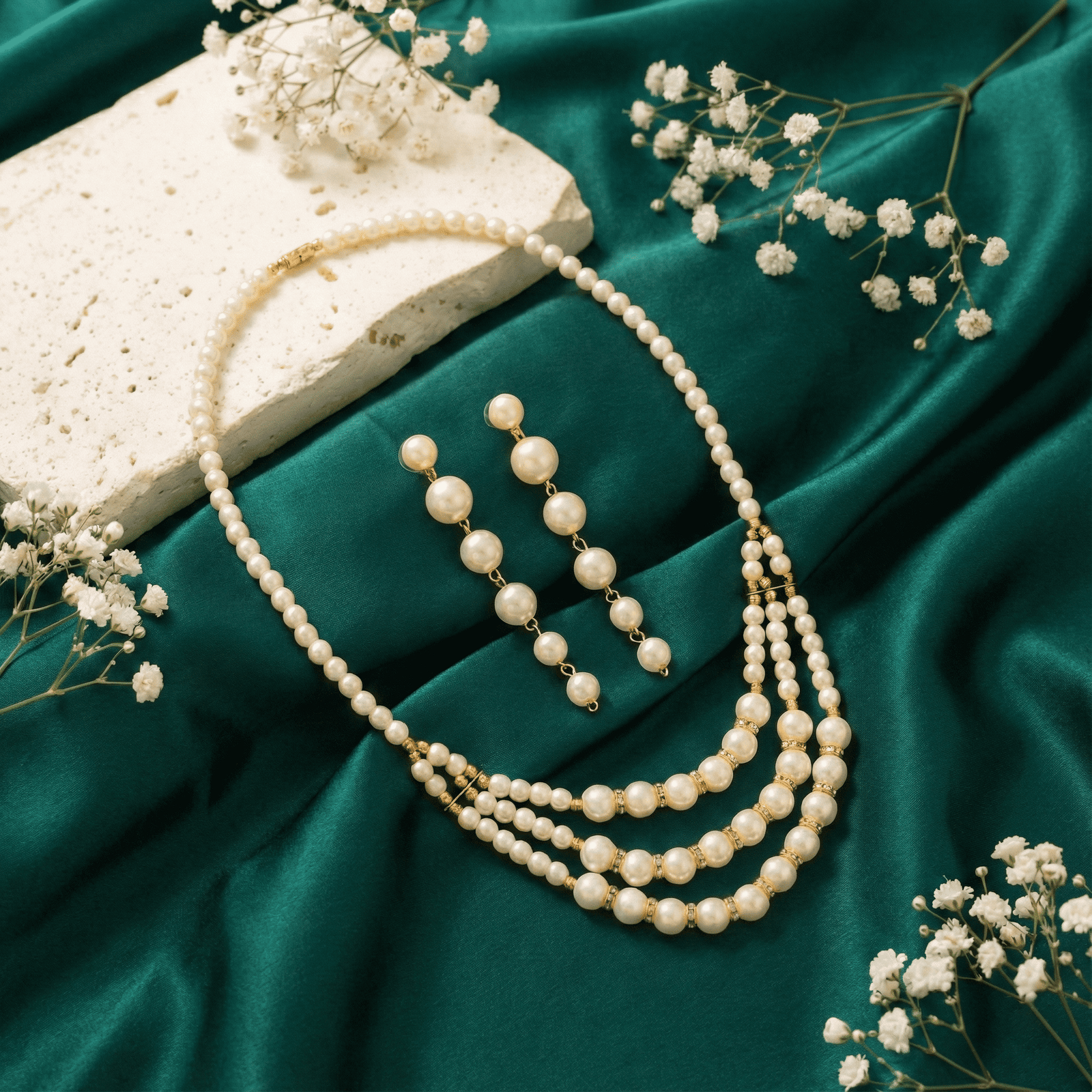 Eshanarya Classic Triple-Layer Pearl Necklace Set