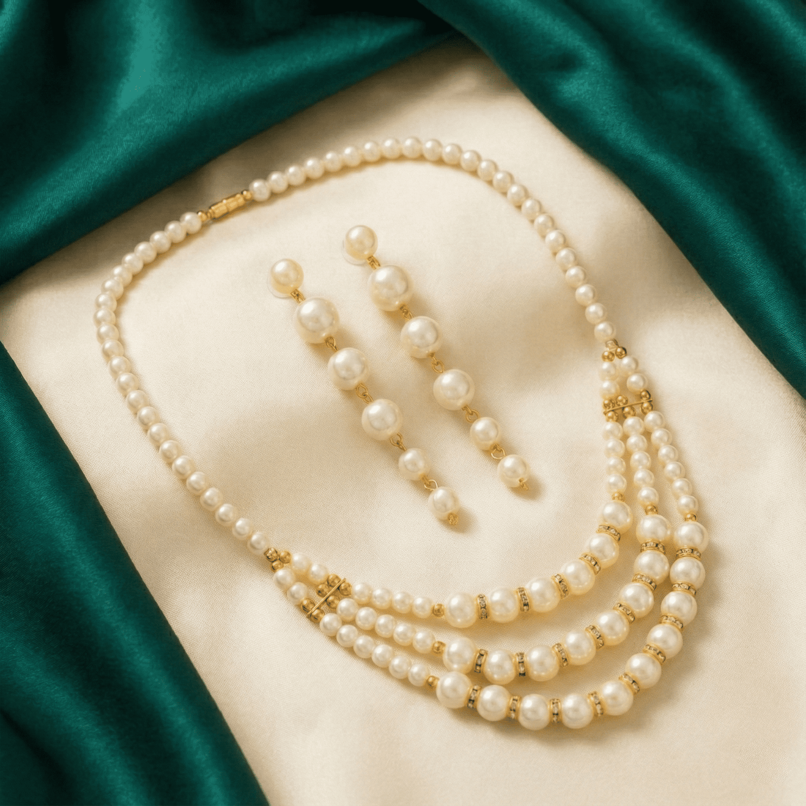 Eshanarya Classic Triple-Layer Pearl Necklace Set