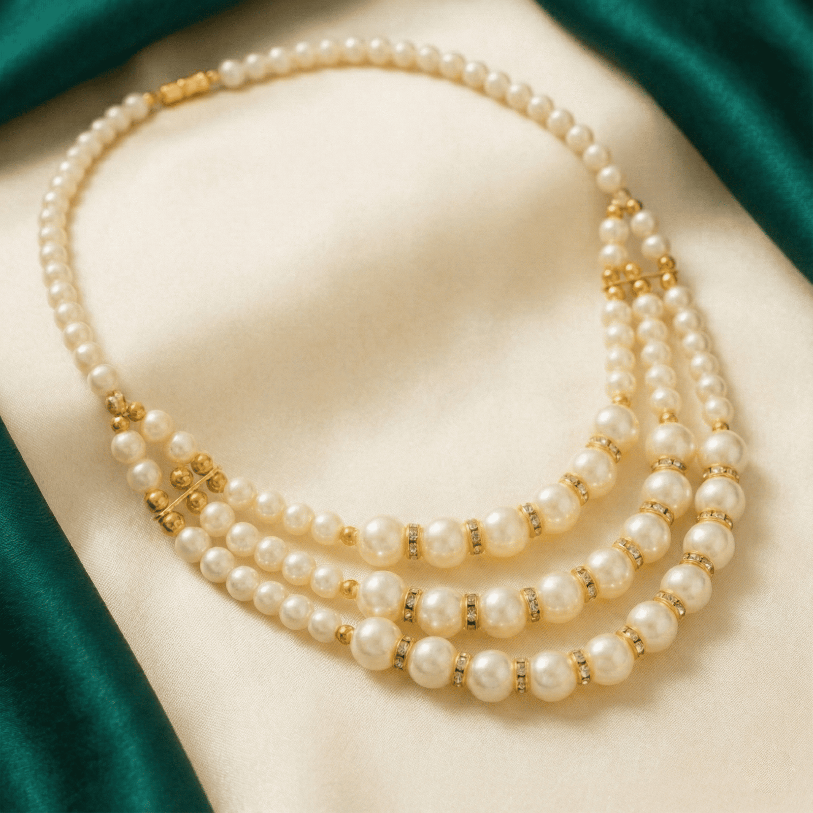 Eshanarya Classic Triple-Layer Pearl Necklace Set