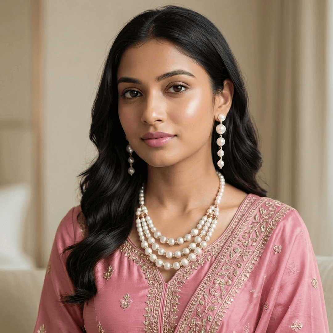 Eshanarya Classic Triple-Layer Pearl Necklace Set