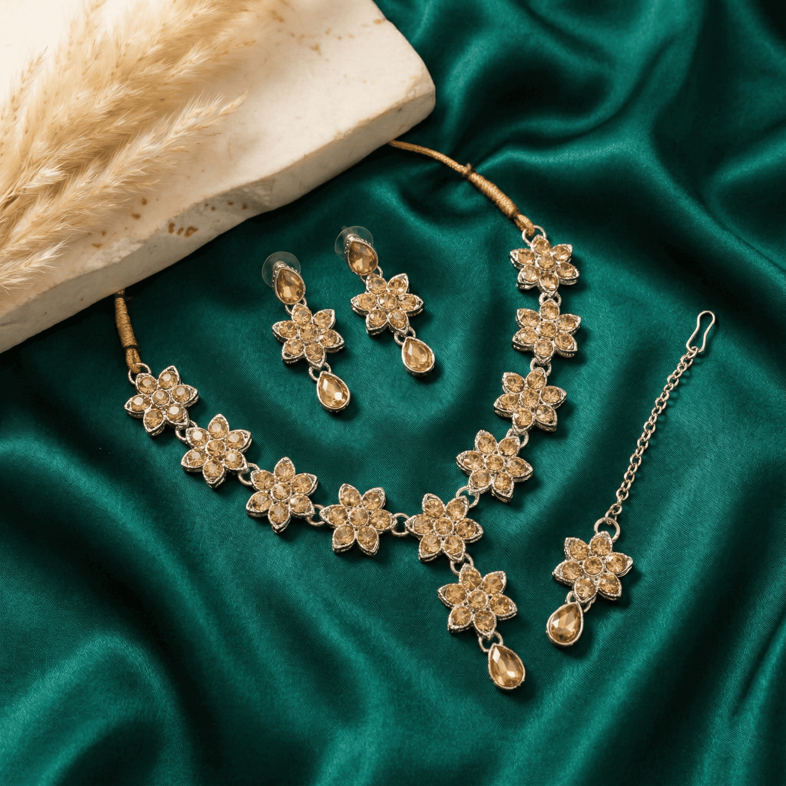 Eshanarya Floral Kundan Style AD Necklace Set