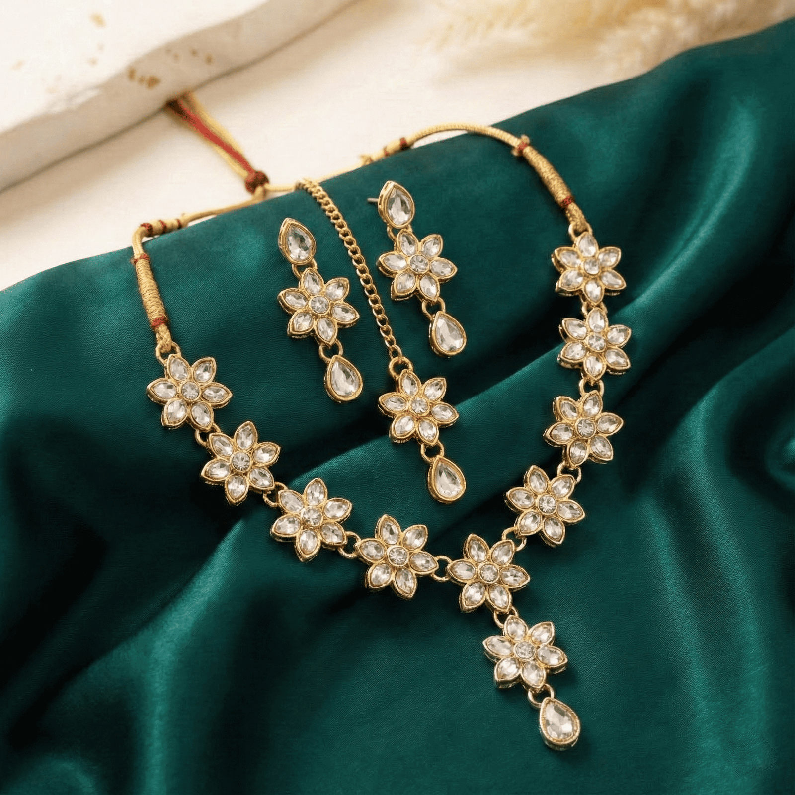 Eshanarya Floral Kundan Style AD Necklace Set