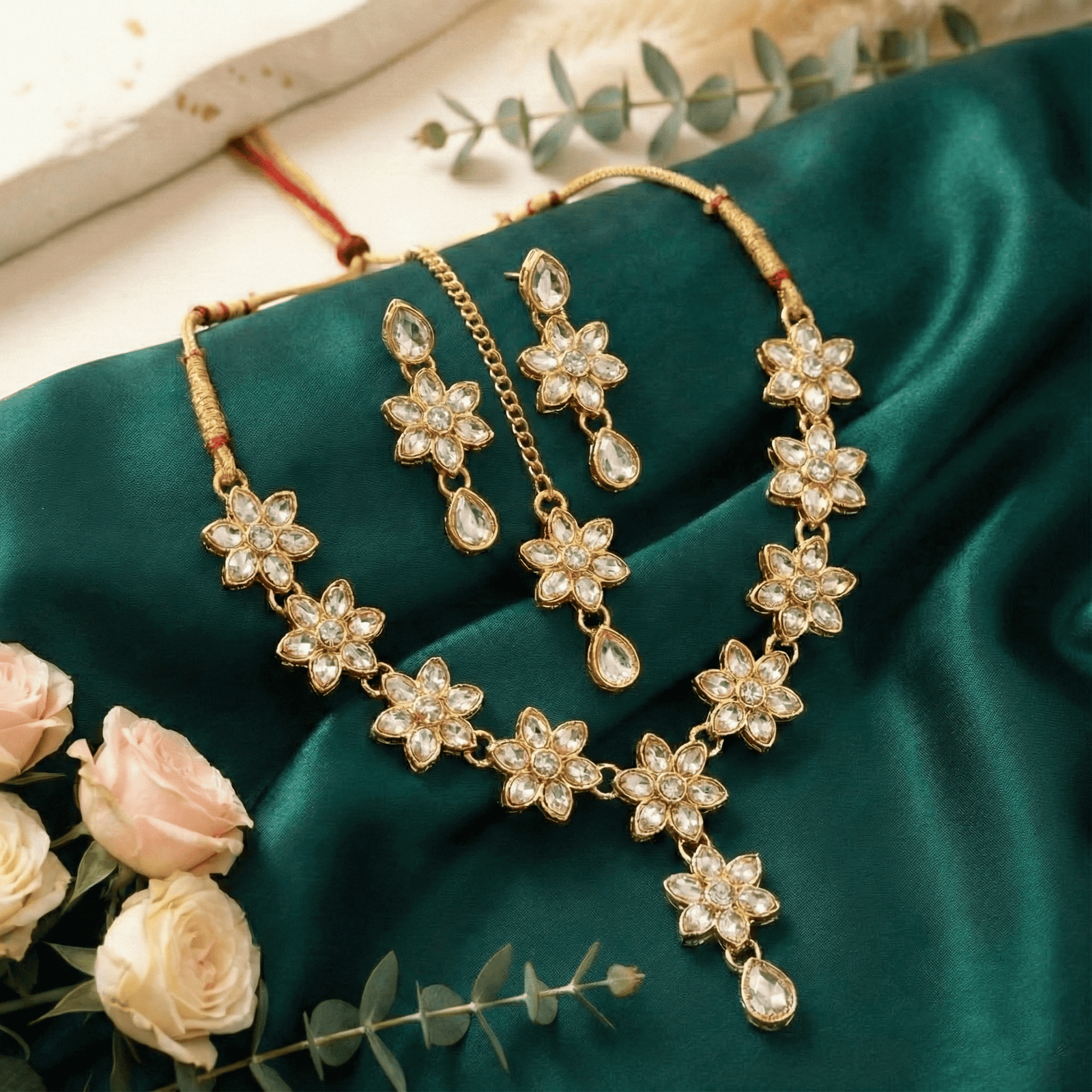 Eshanarya Floral Kundan Style AD Necklace Set