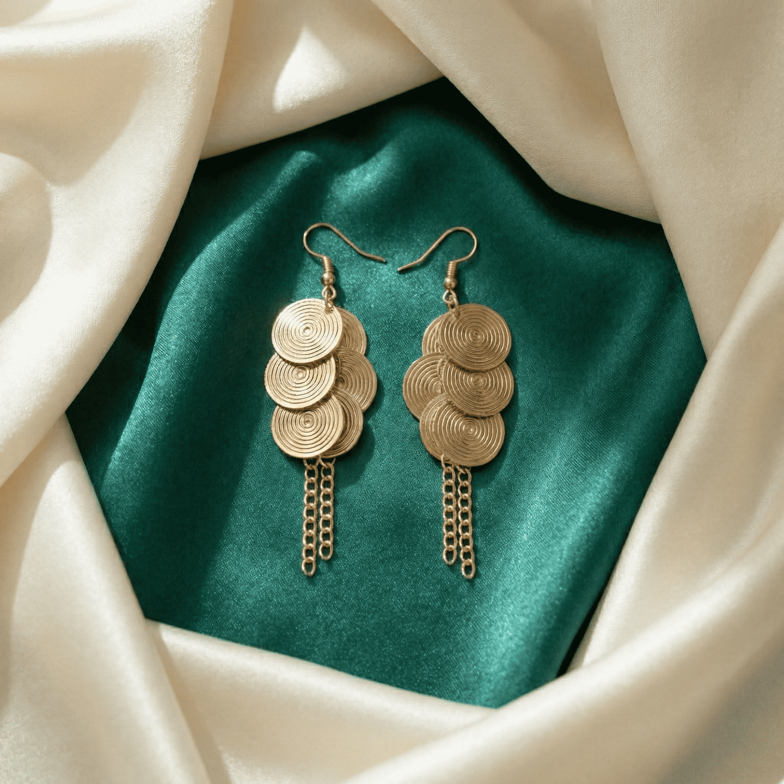 Eshanarya Gold Tone Spiral Disc Tassel Fashion Earrings for Women