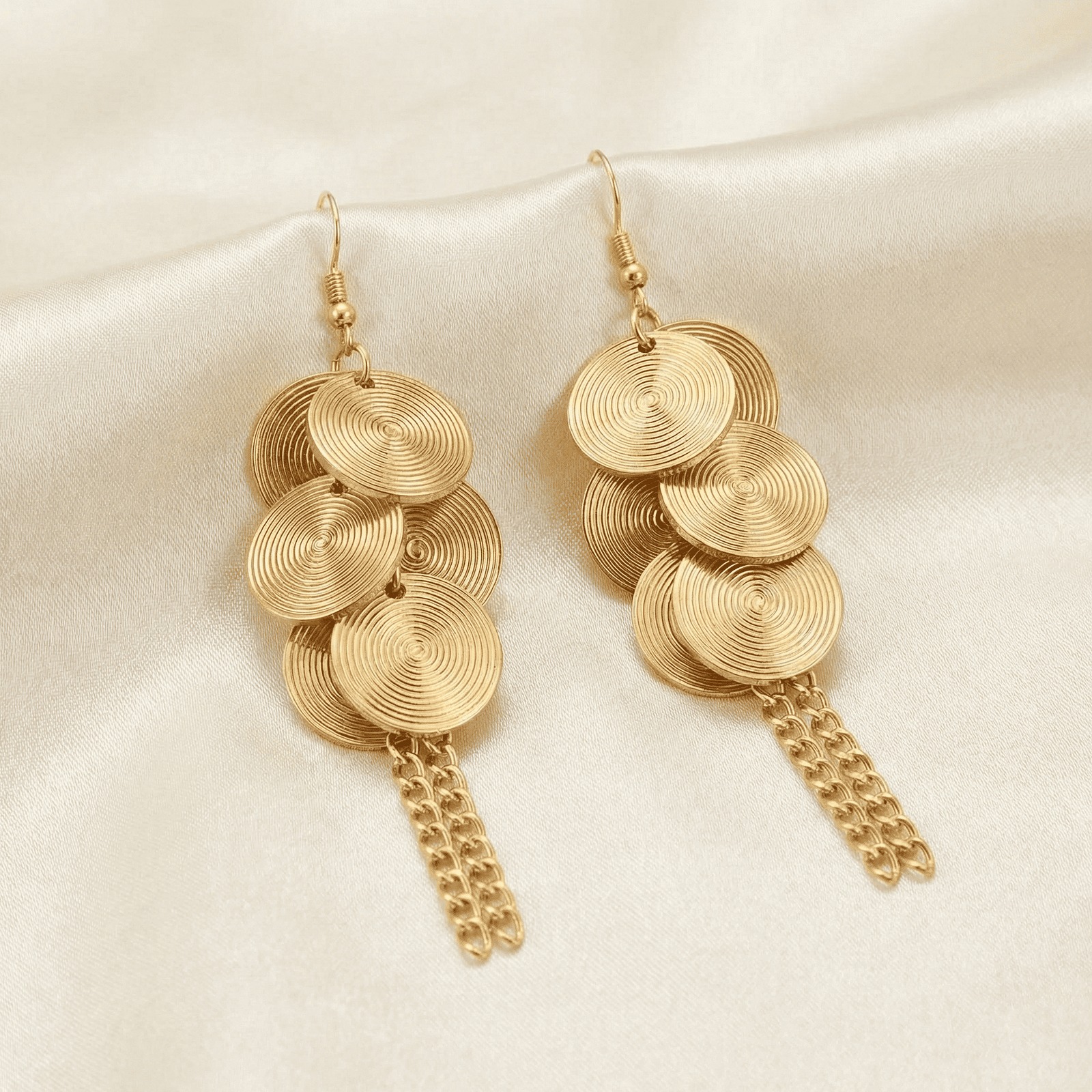 Eshanarya Gold Tone Spiral Disc Tassel Fashion Earrings for Women