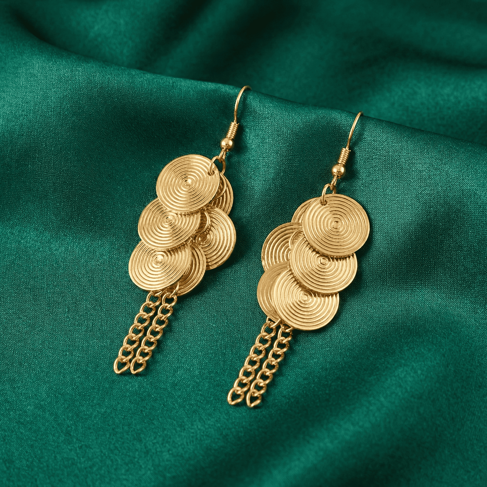 Eshanarya Gold Tone Spiral Disc Tassel Fashion Earrings for Women