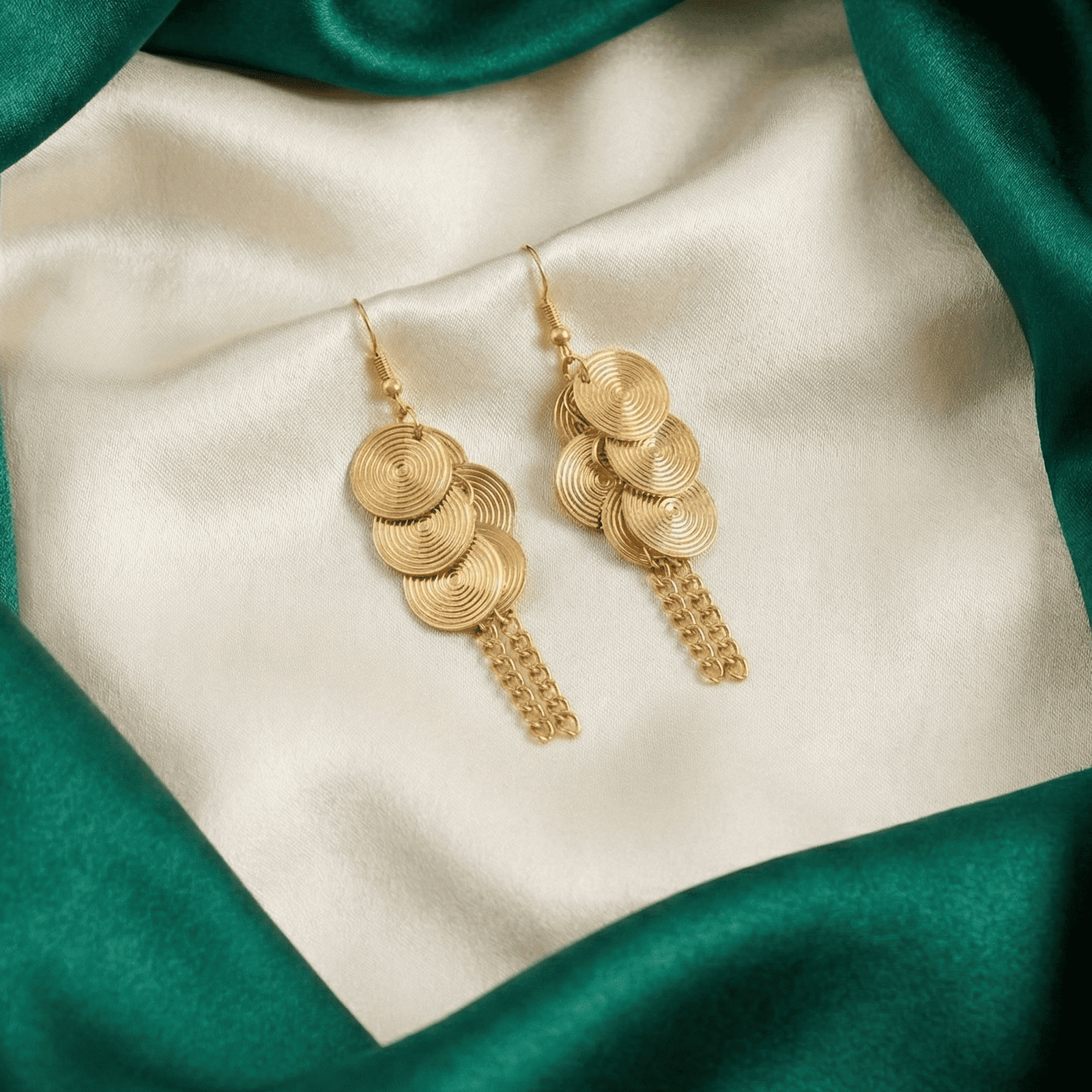 Eshanarya Gold Tone Spiral Disc Tassel Fashion Earrings for Women