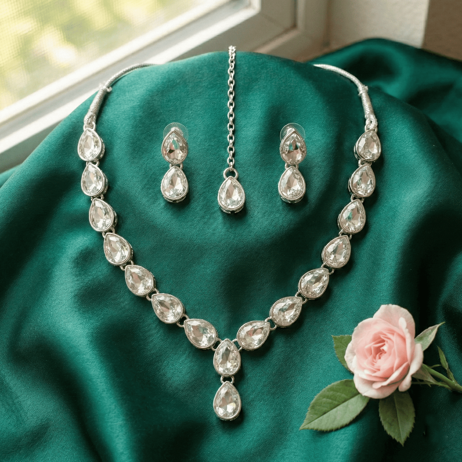 Eshanarya Noorika Silver AD Necklace Set for Women