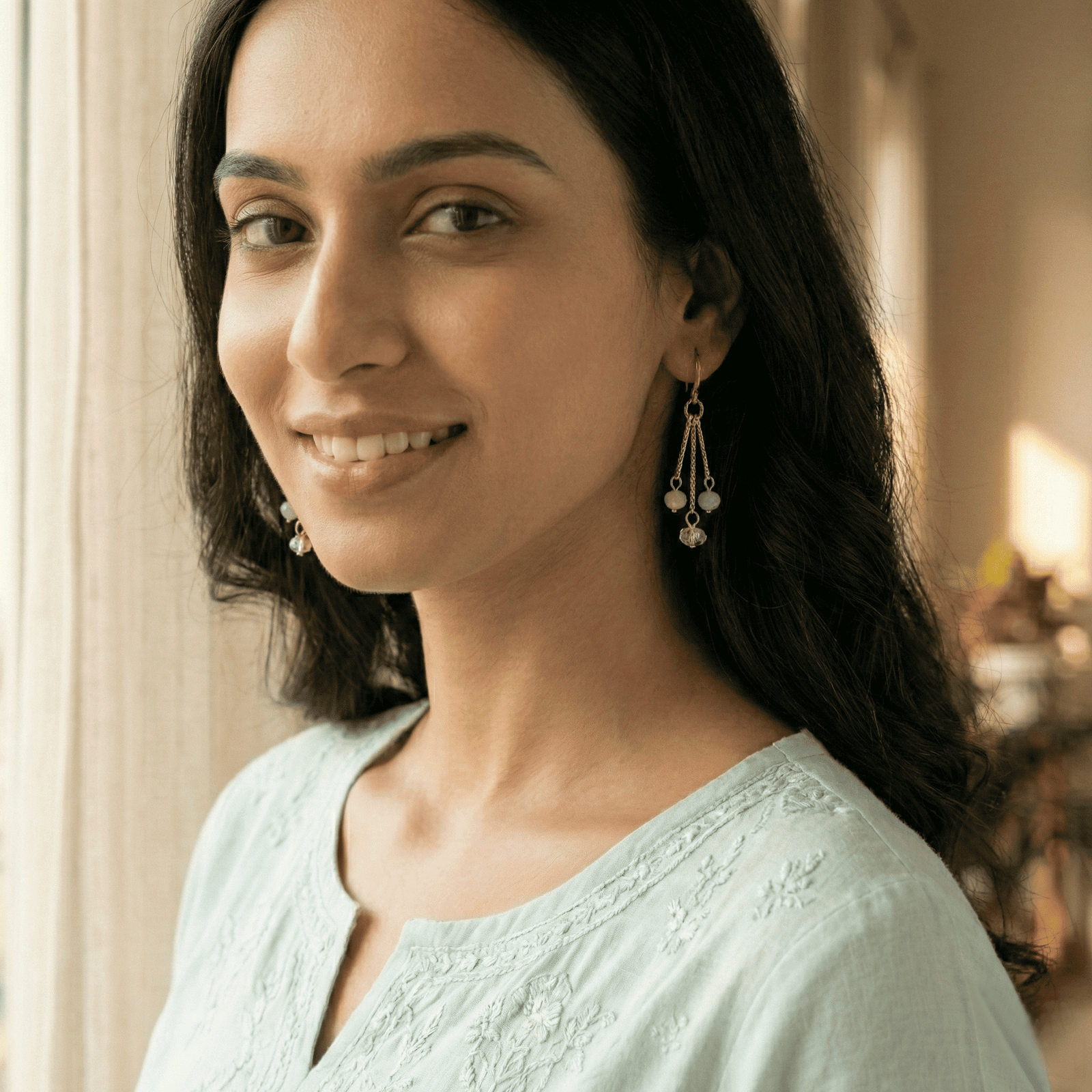 Eshanarya Pastel Drop Hoop Gold Tone Earrings