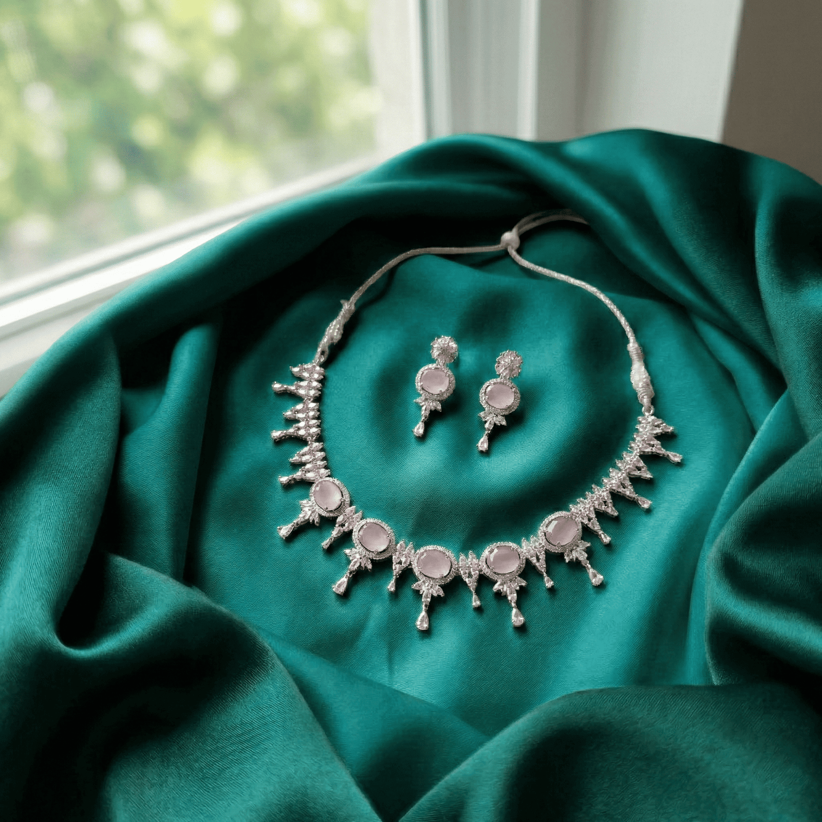 Eshanarya Pastel Pink AD Necklace Set for Women