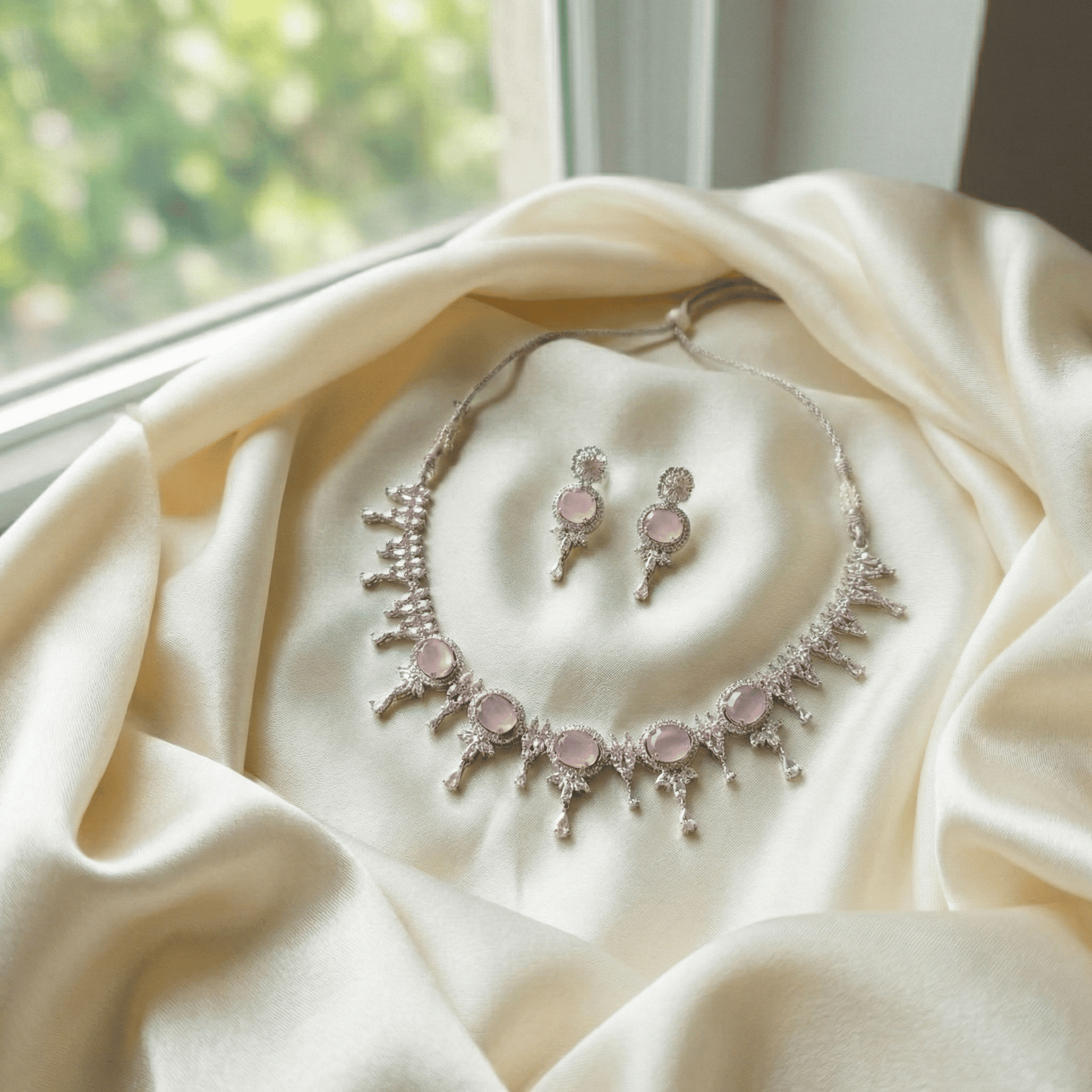 Eshanarya Pastel Pink AD Necklace Set for Women