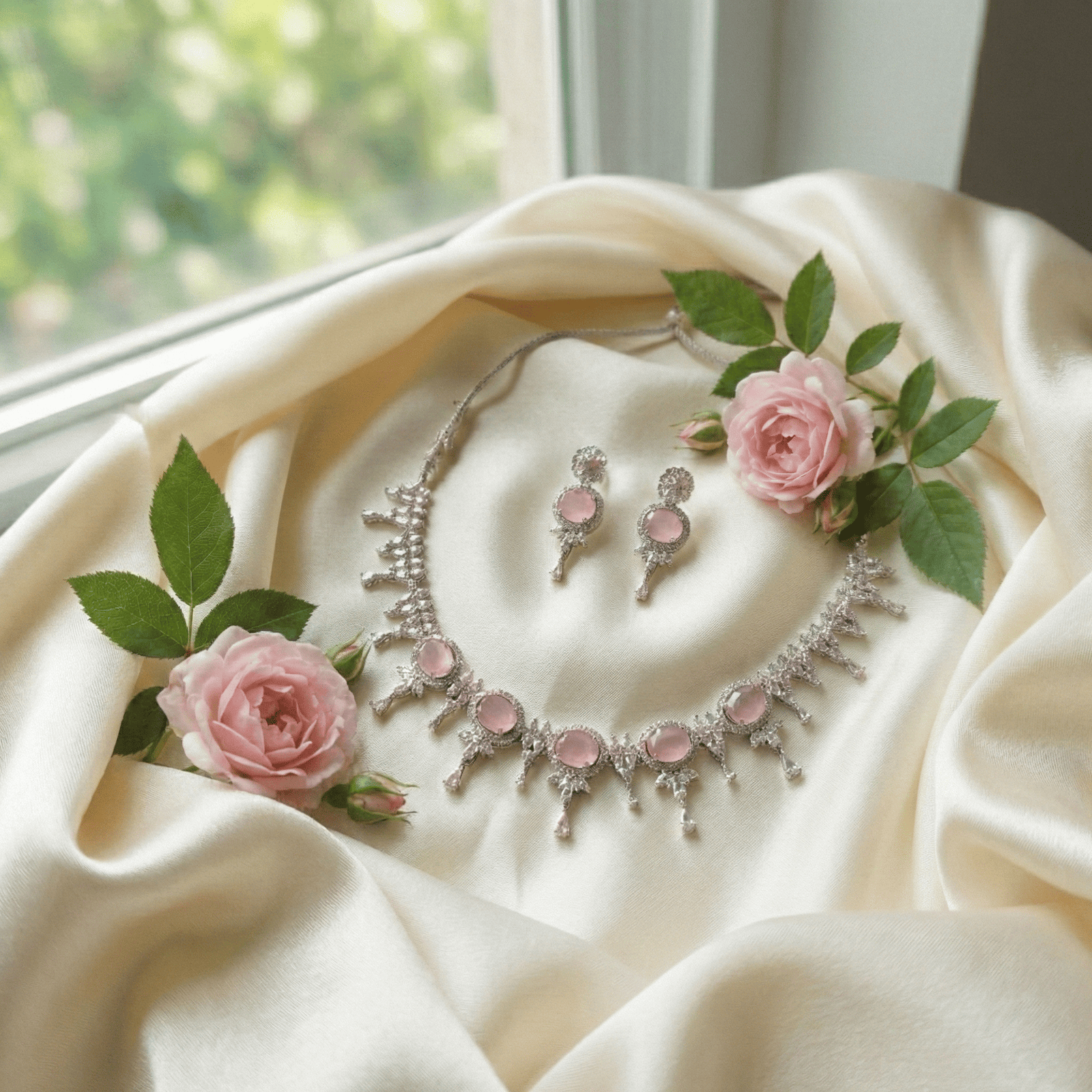 Eshanarya Pastel Pink AD Necklace Set for Women