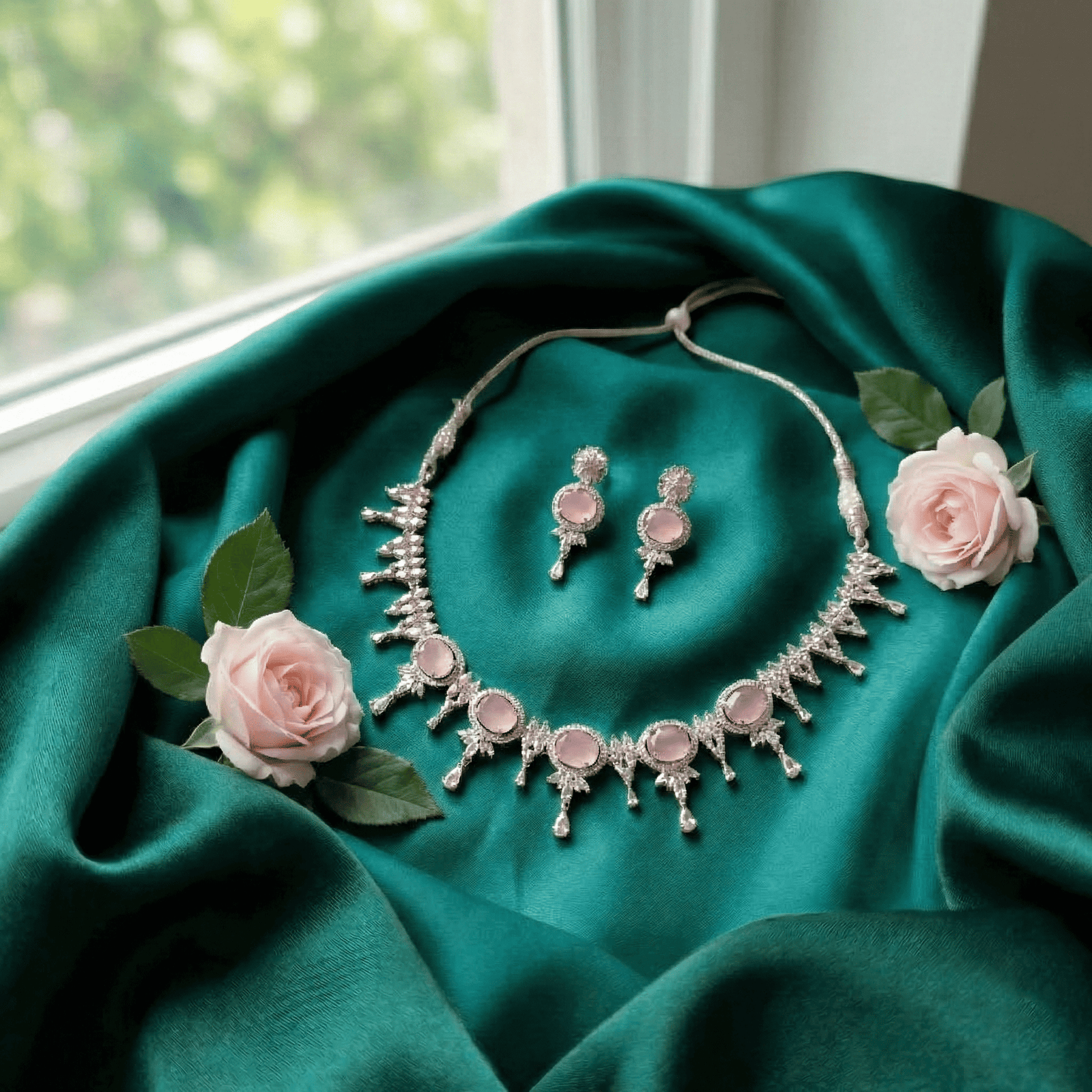 Eshanarya Pastel Pink AD Necklace Set for Women