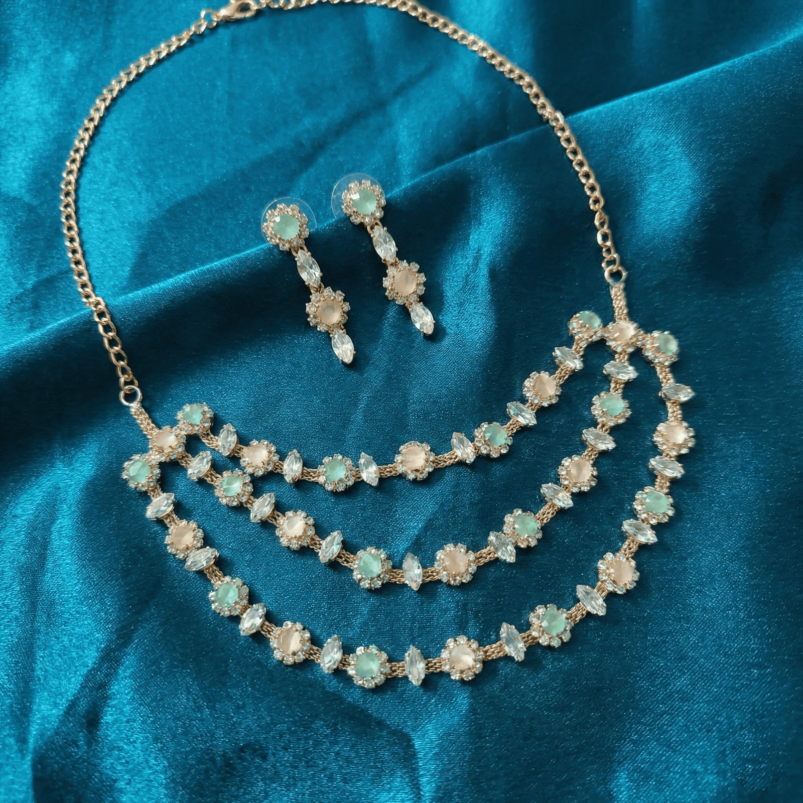 Eshanarya Pastel Triple Cascade AD Necklace Set