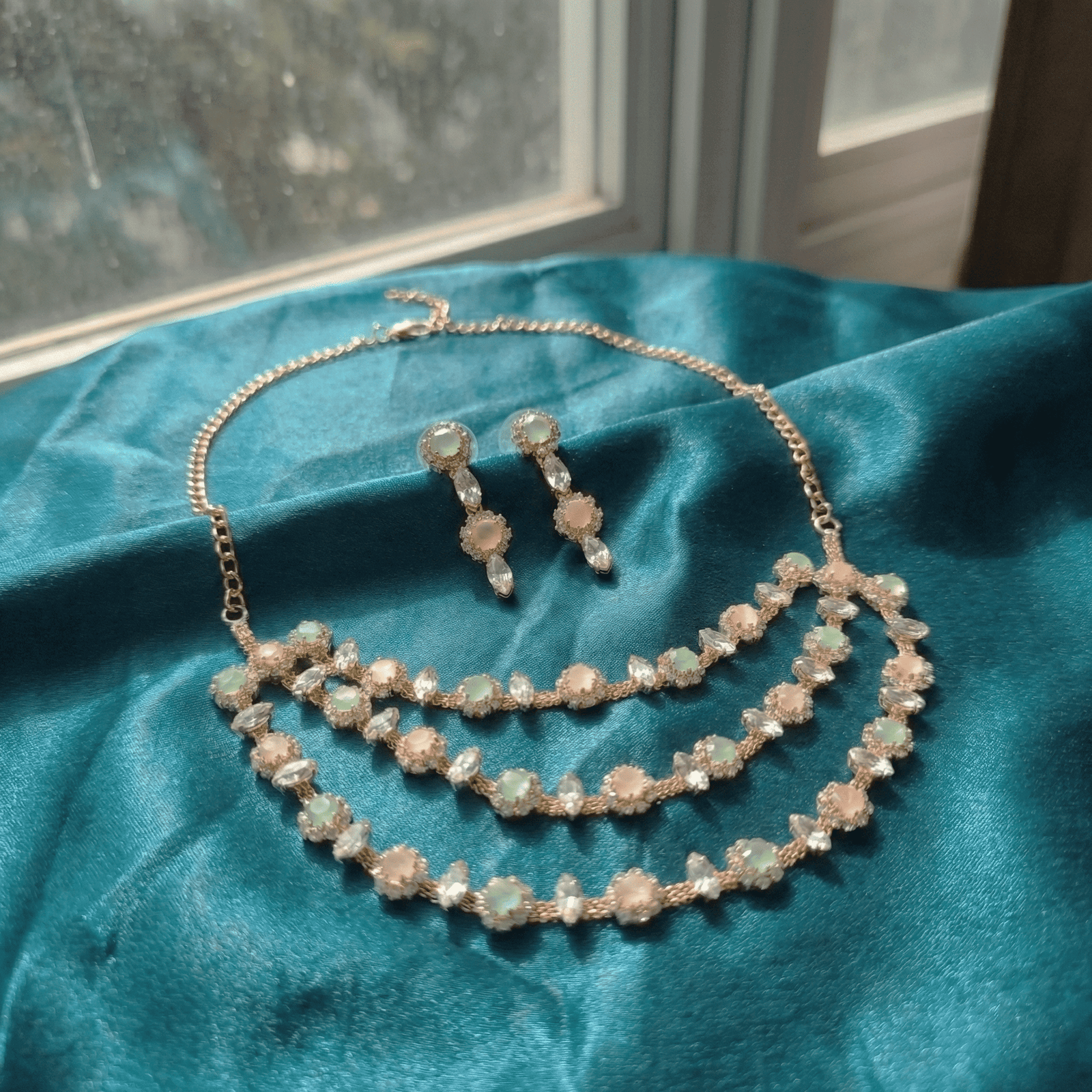 Eshanarya Pastel Triple Cascade AD Necklace Set