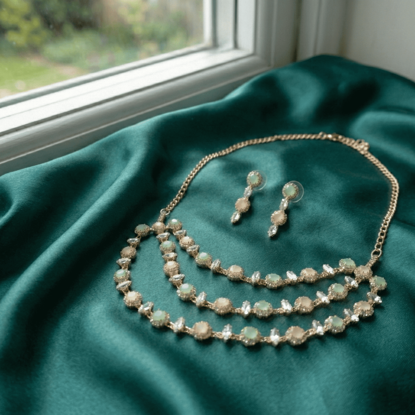Eshanarya Pastel Triple Cascade AD Necklace Set