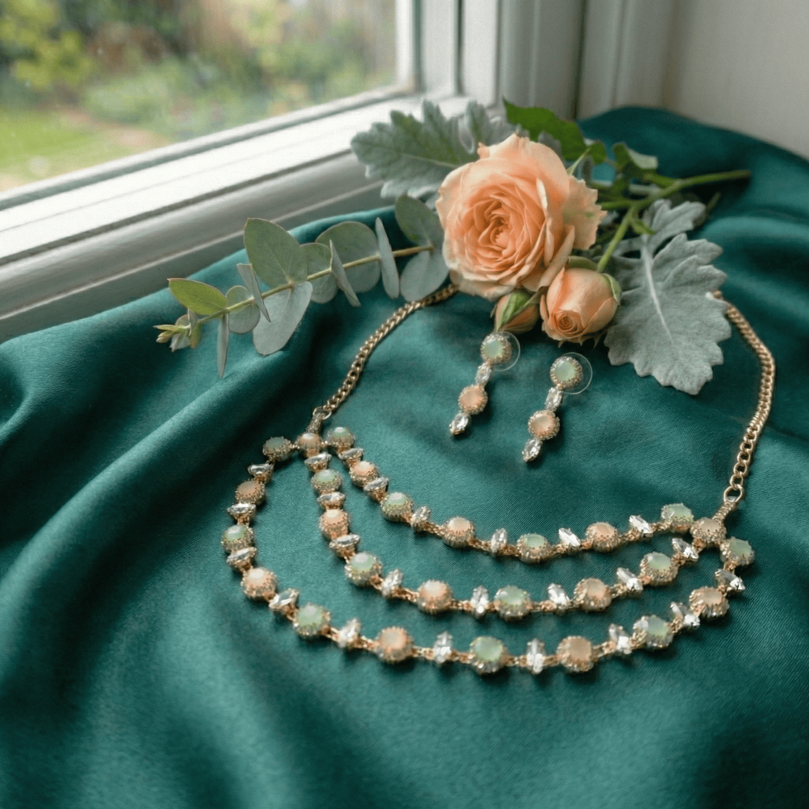 Eshanarya Pastel Triple Cascade AD Necklace Set