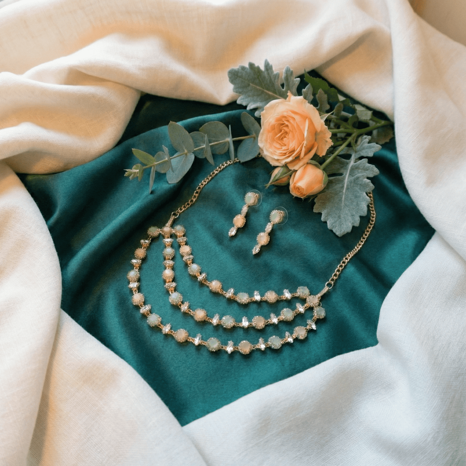 Eshanarya Pastel Triple Cascade AD Necklace Set