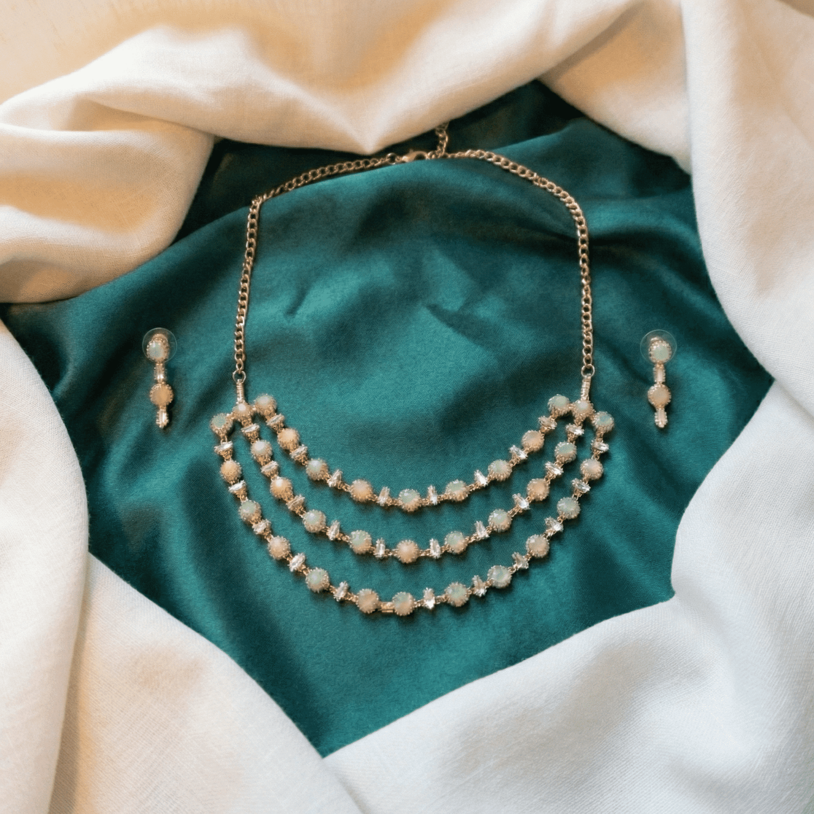Eshanarya Pastel Triple Cascade AD Necklace Set
