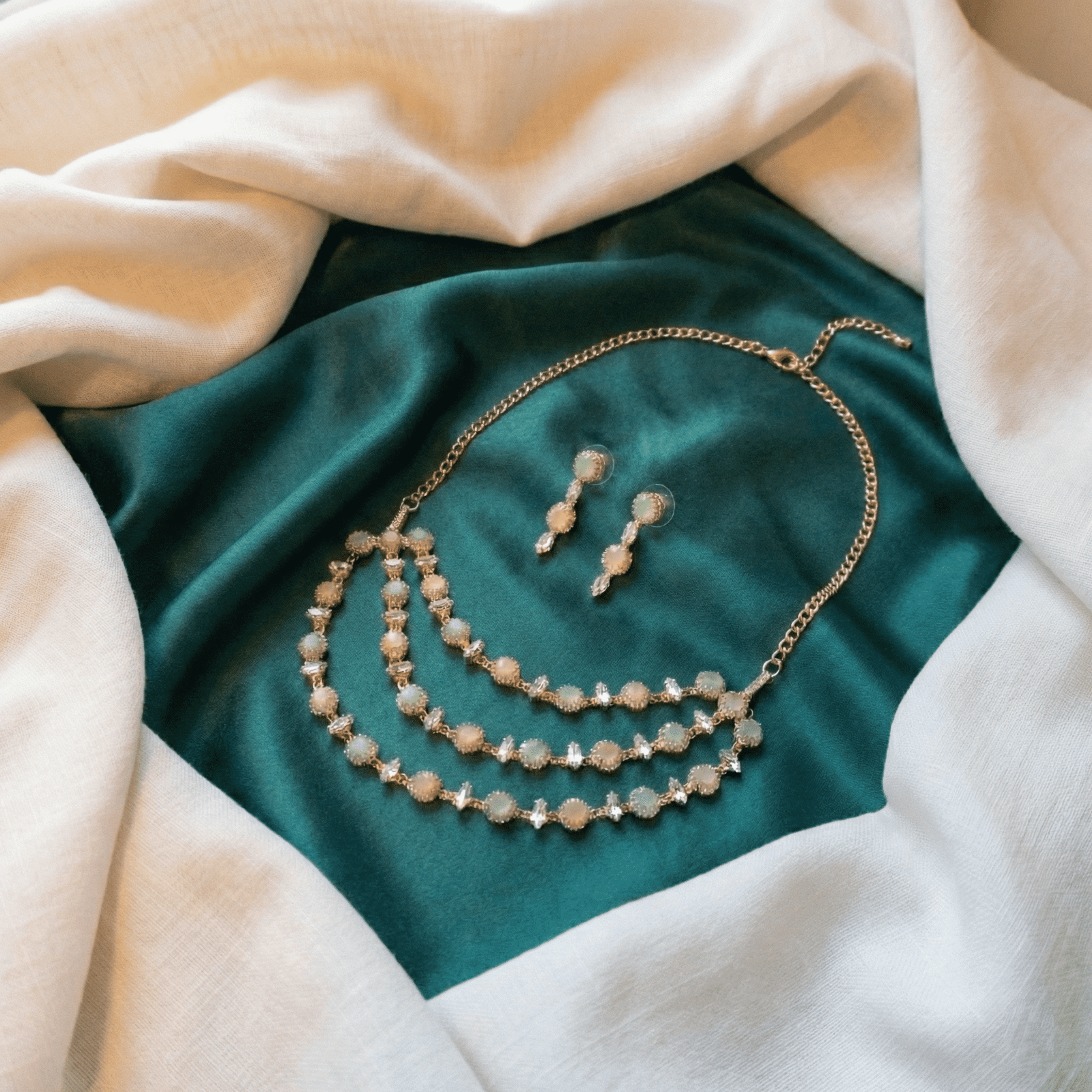 Eshanarya Pastel Triple Cascade AD Necklace Set