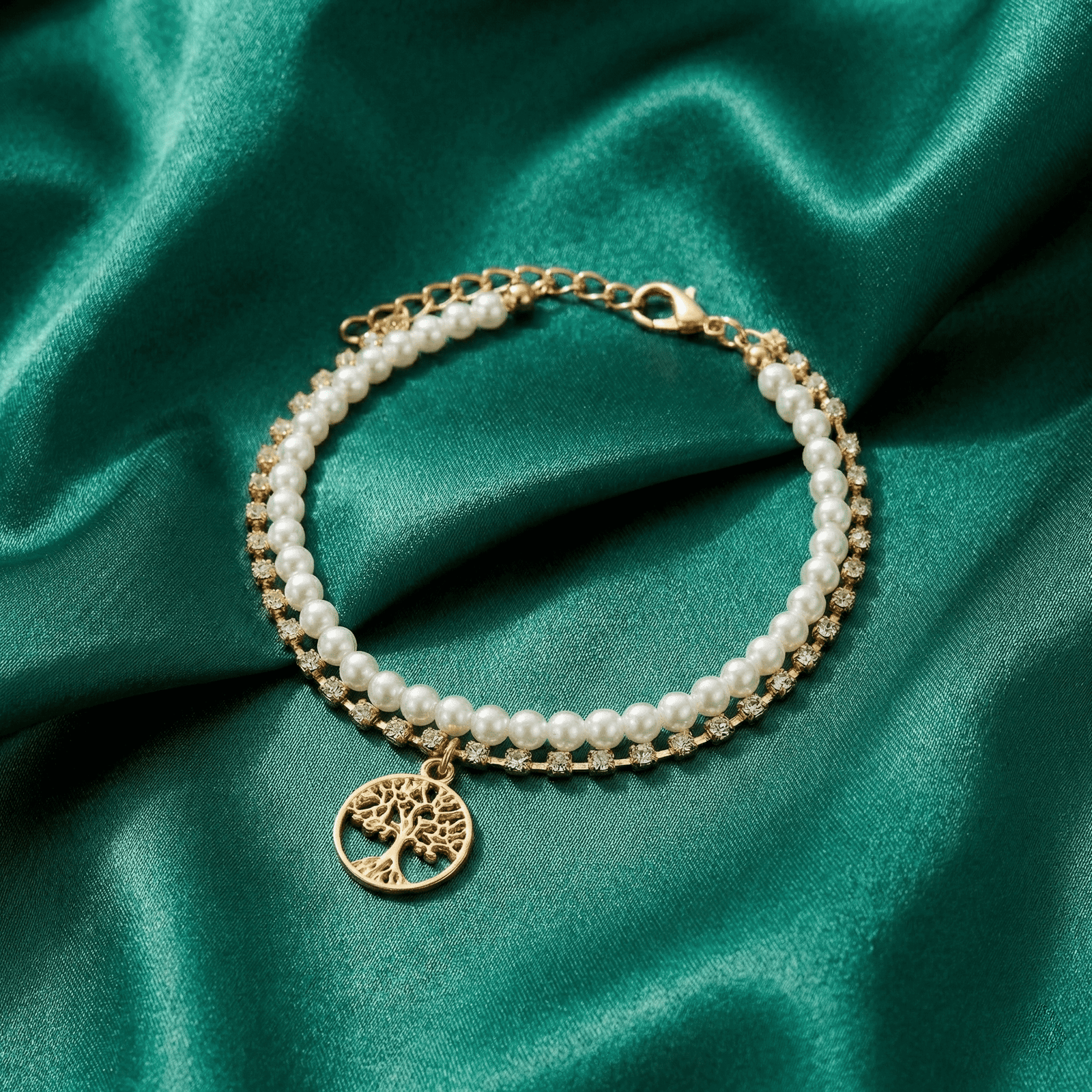 Eshanarya Pearl Tree  Charm CZ Bracelet