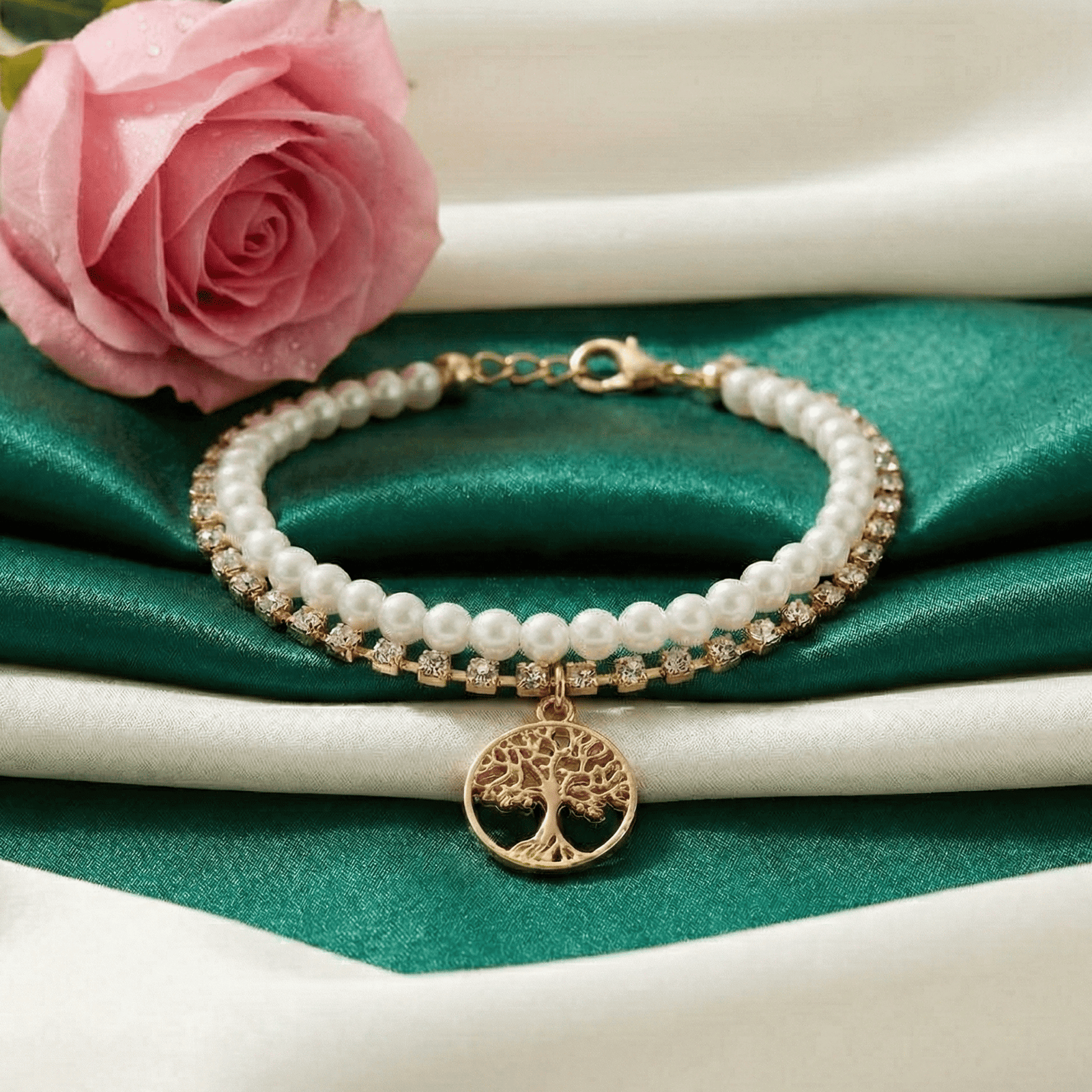 Eshanarya Pearl Tree  Charm CZ Bracelet